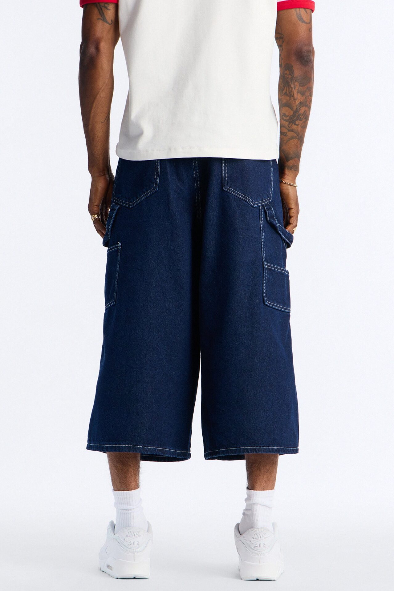 Super Baggy Button Drop Denim Shorts - Dark Wash