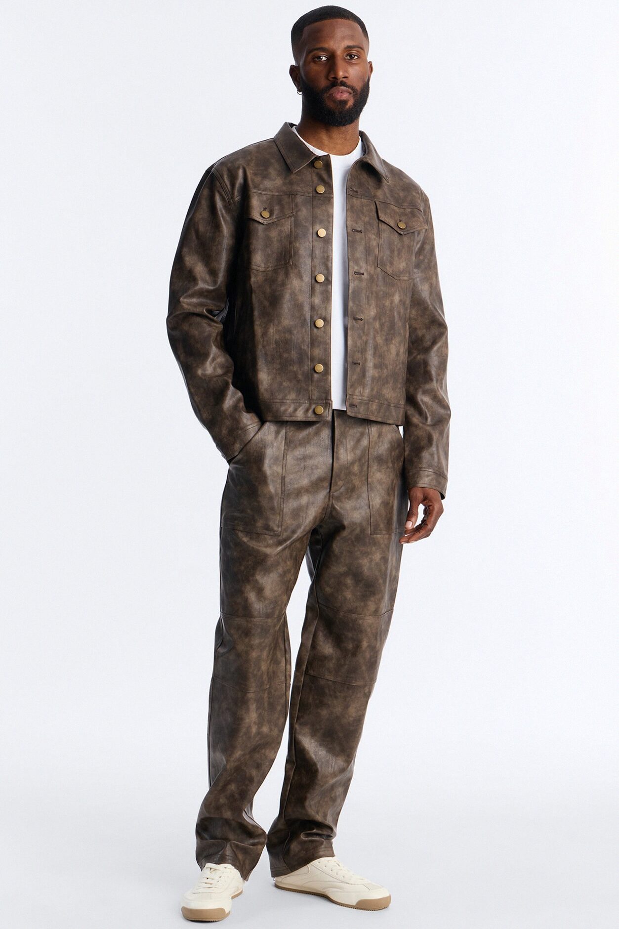 Stone Grained Faux Leather Trucker Jacket - Brown