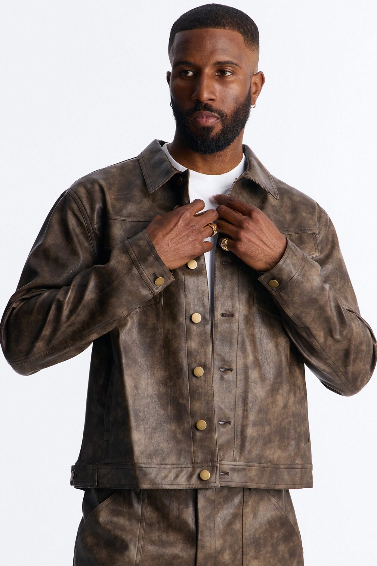 Stone Grained Faux Leather Trucker Jacket - Brown