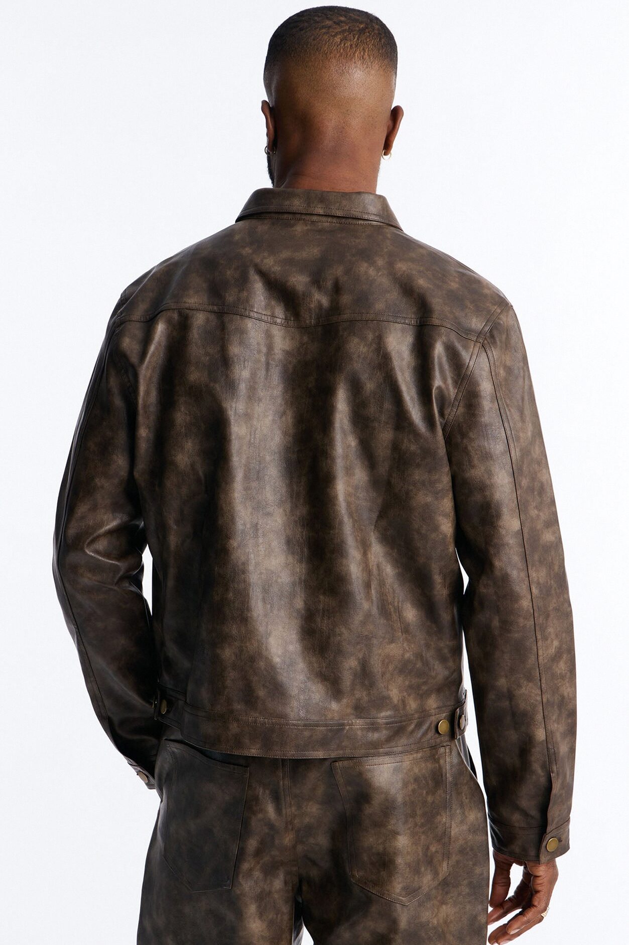 Stone Grained Faux Leather Trucker Jacket - Brown