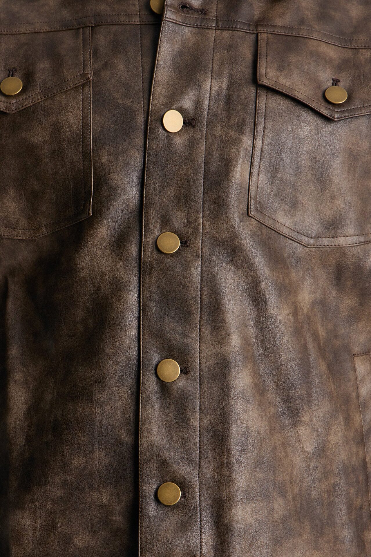 Stone Grained Faux Leather Trucker Jacket - Brown