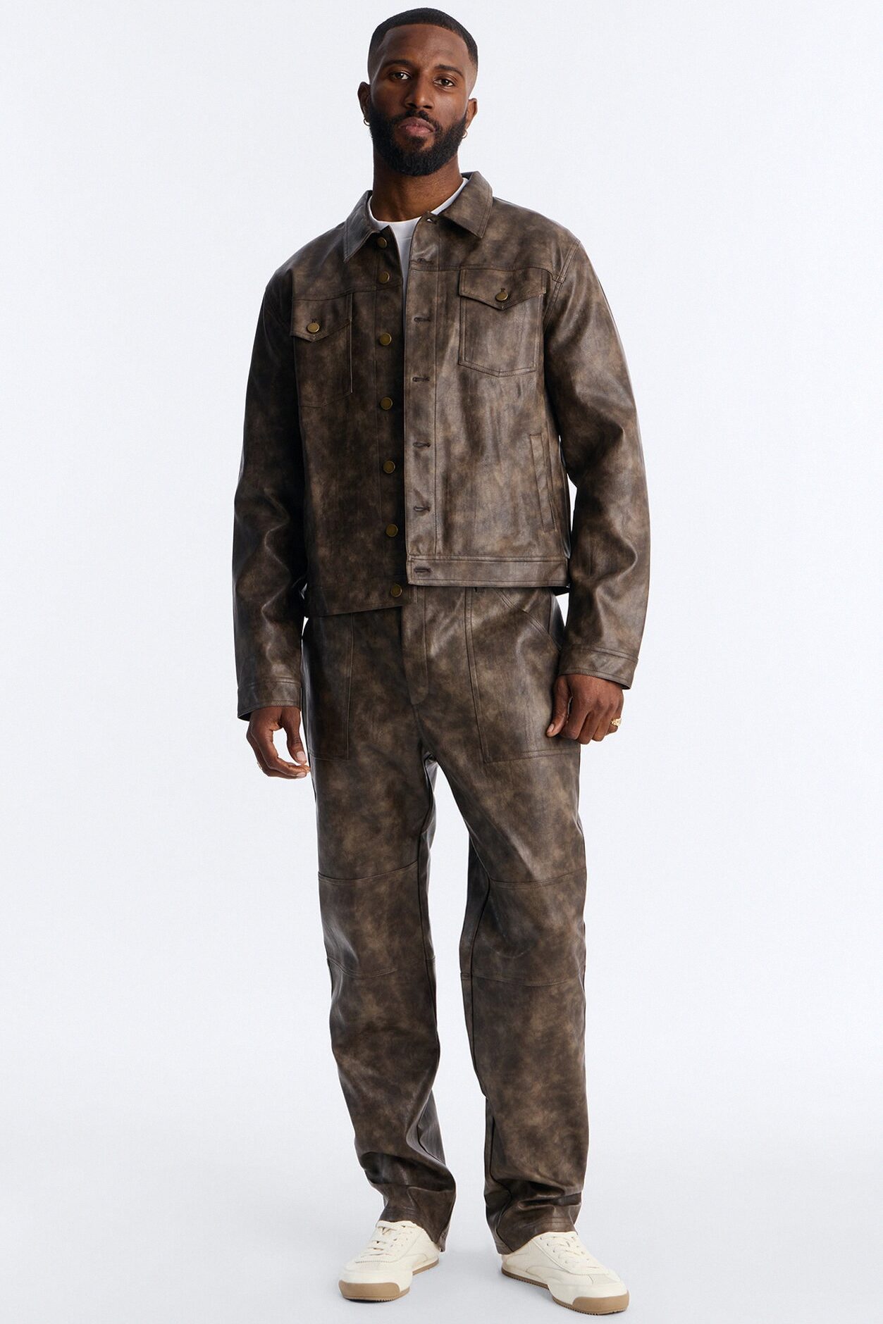 Straight Flared Stone Grained Faux Leather Zip Pant - Brown