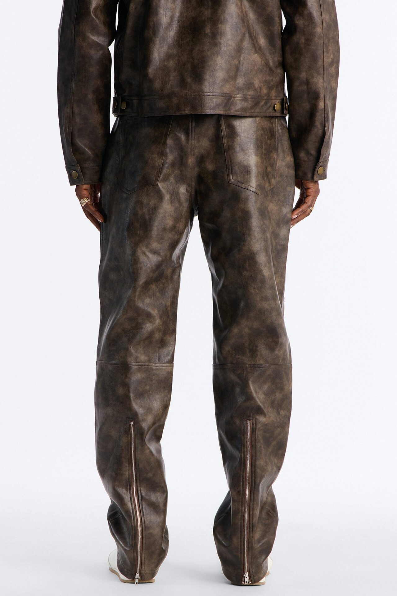 Straight Flared Stone Grained Faux Leather Zip Pant - Brown