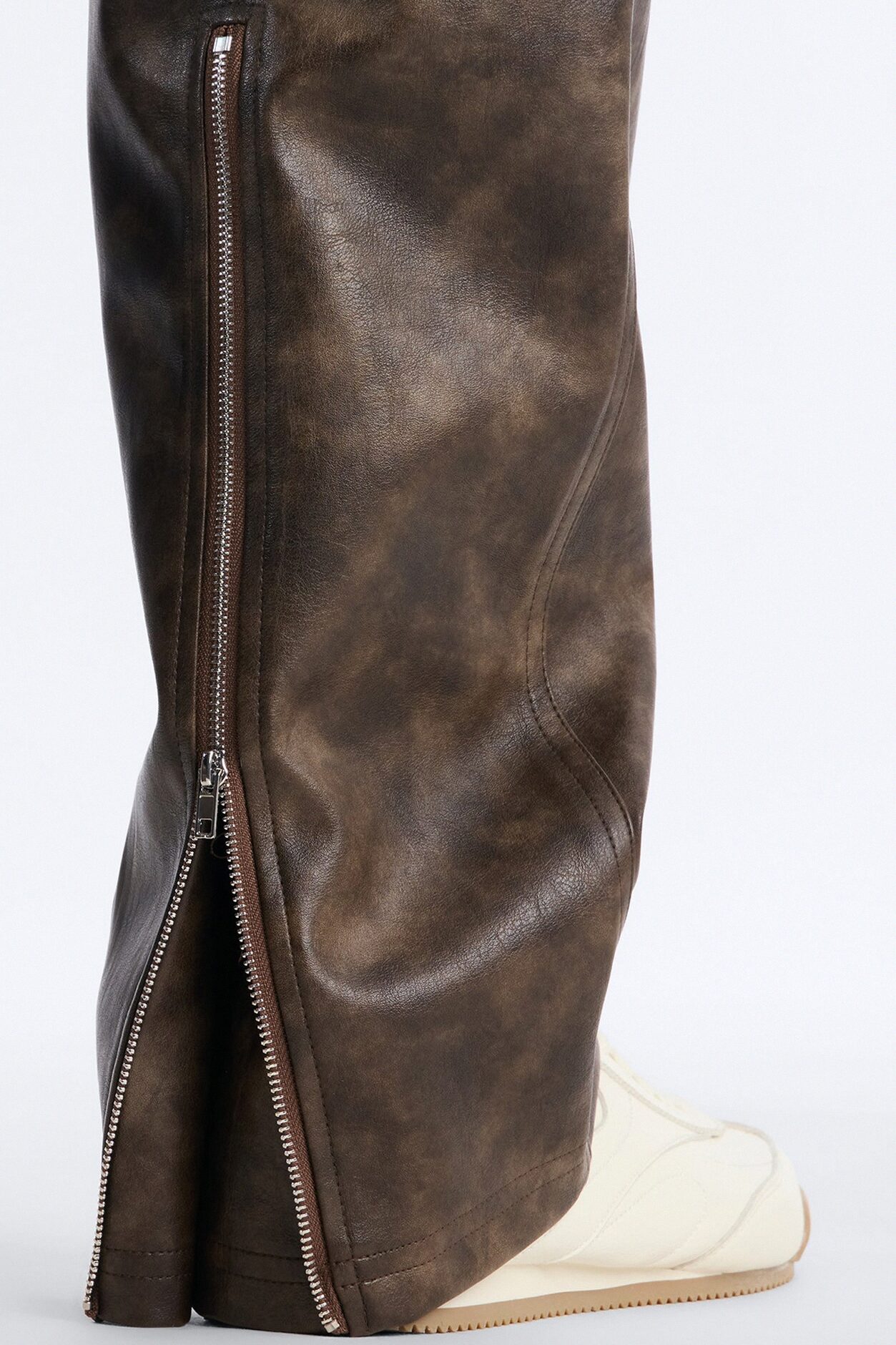 Straight Flared Stone Grained Faux Leather Zip Pant - Brown