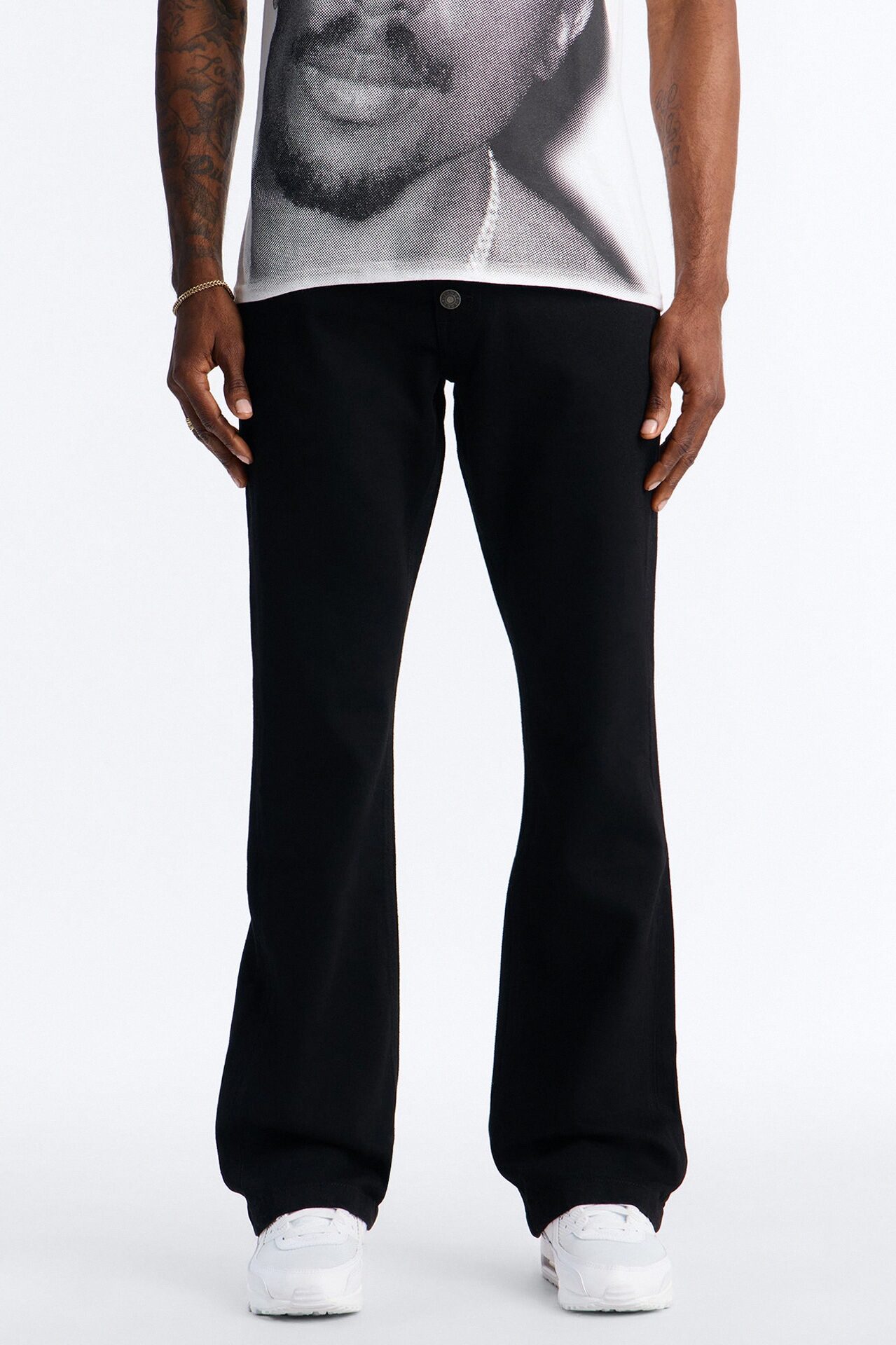 Stacked Slim Flare Exposed Button Front Slit Jean - Black