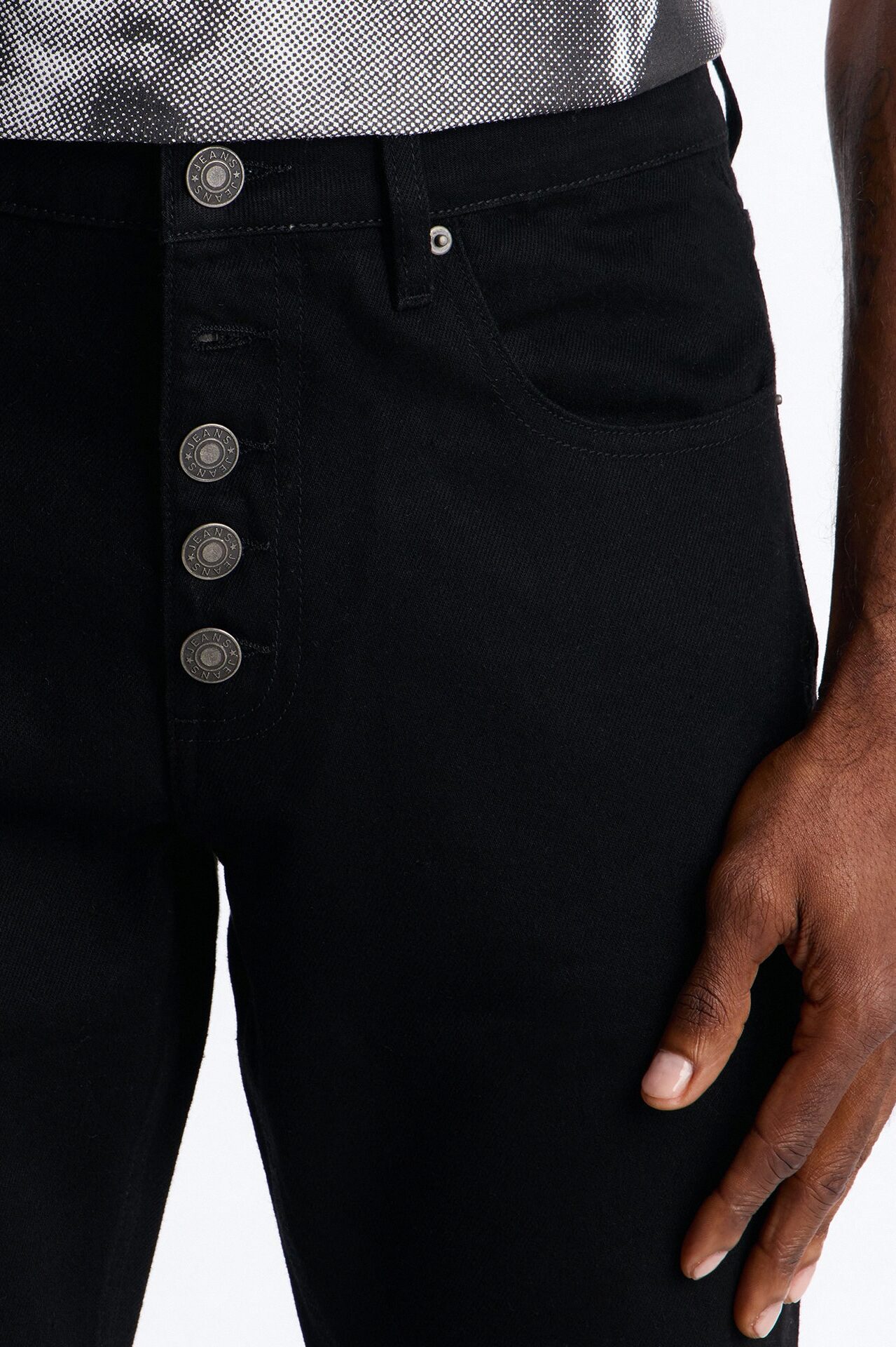 Stacked Slim Flare Exposed Button Front Slit Jean - Black