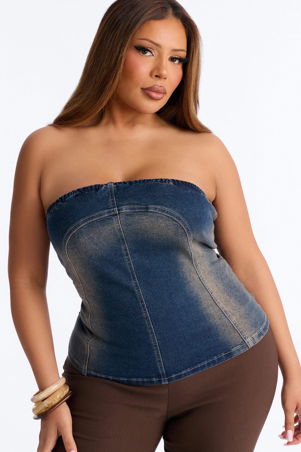 Breaking Rules Back Zip Denim Tube Top - Dark Wash