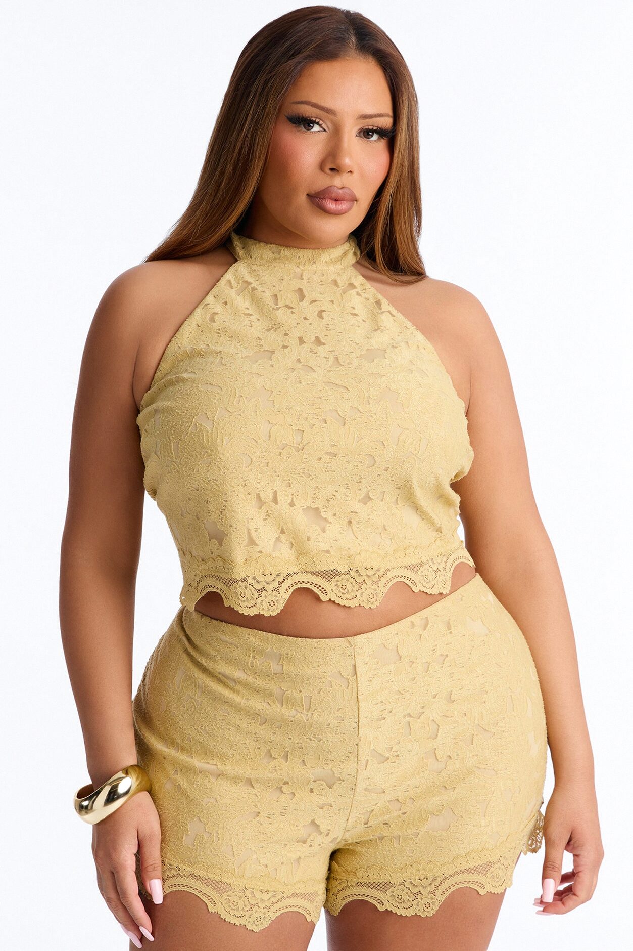 Lace Embrace Halter Top And Short Set - Yellow
