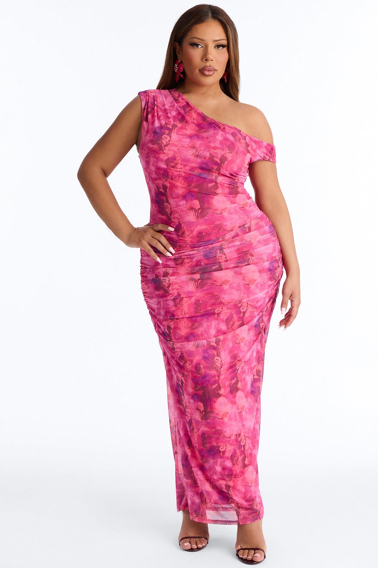 Natalia Ruched Mesh Maxi Dress - Pink/combo