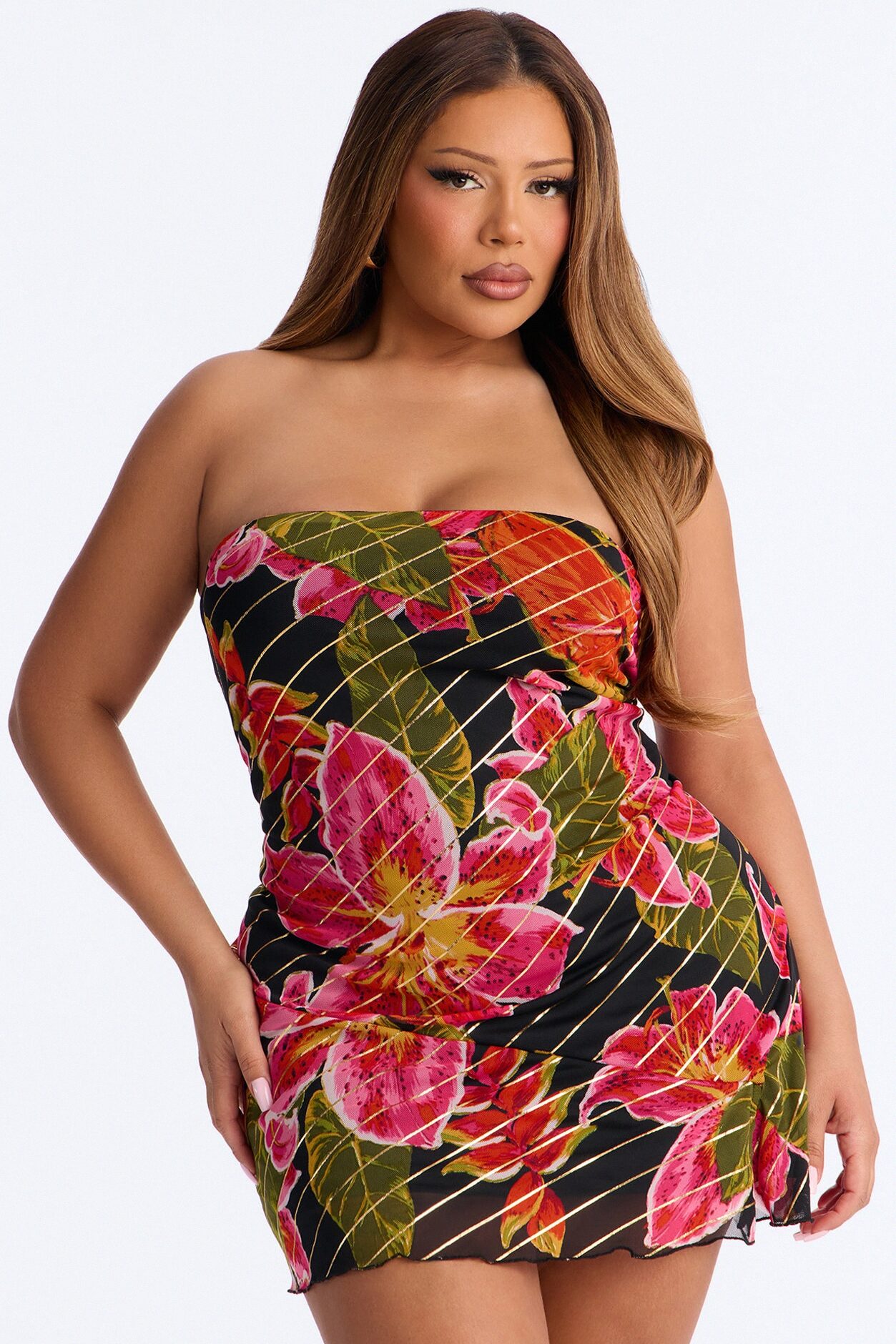 Fiona Strapless Mesh Mini Dress - Pink/combo