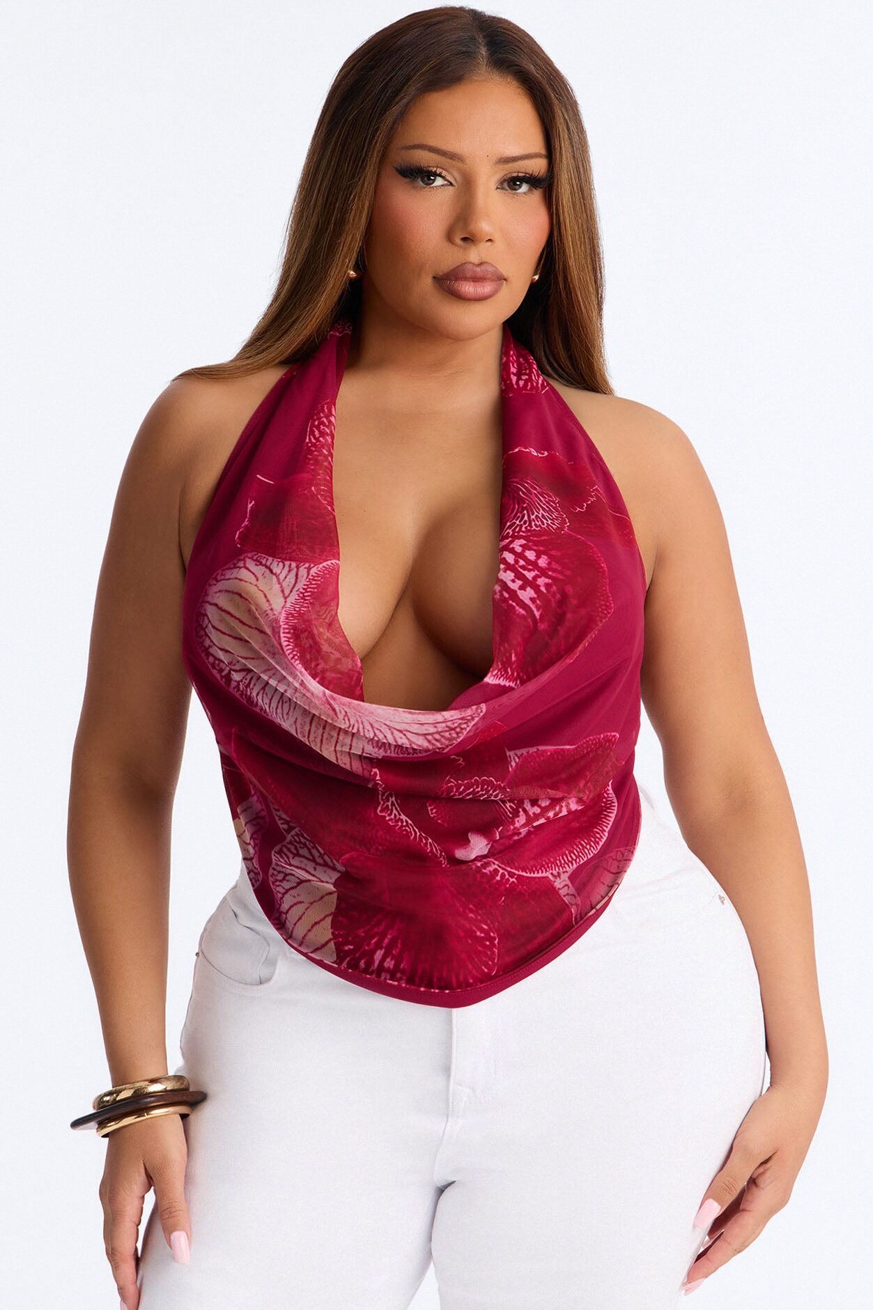 Kauai Mesh Cowl Neck Halter Top - Fuchsia/combo