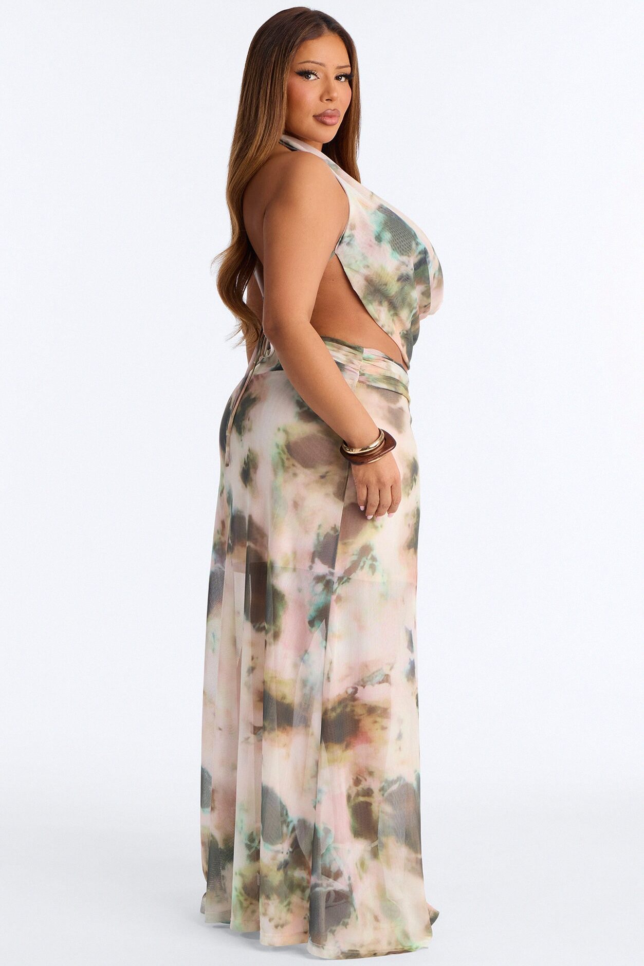 Davina Mesh Halter Maxi Skirt Set - Pink/combo