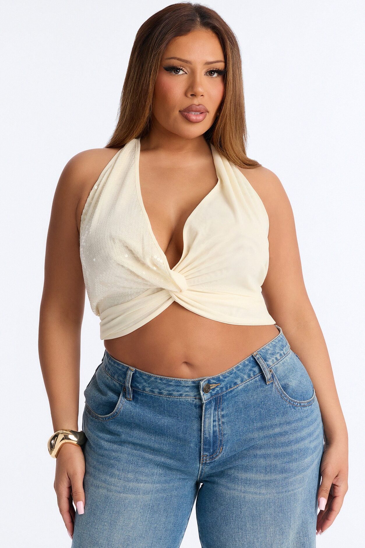 Dani Deep V-Neck Mesh Sequin Halter Top - Cream