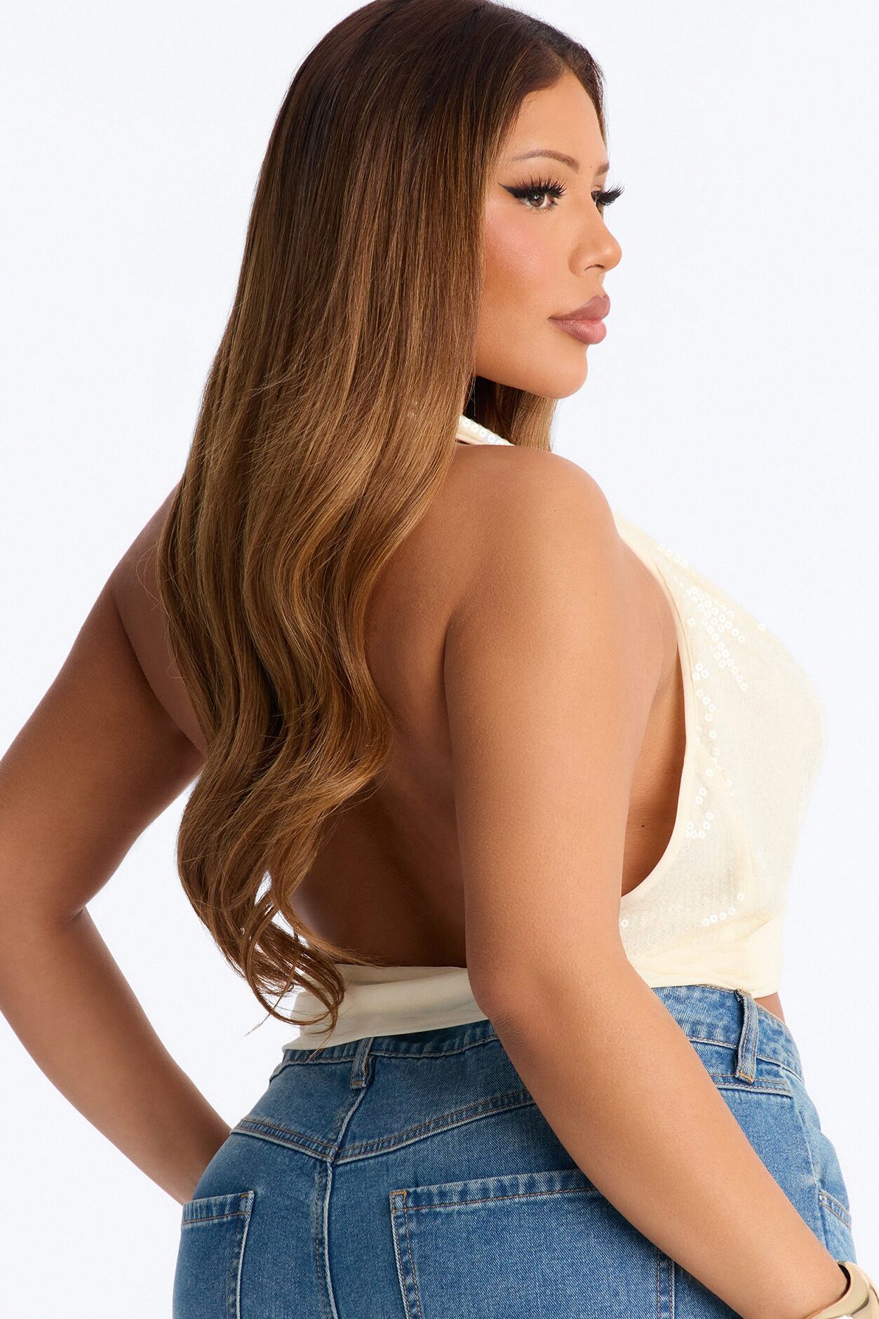 Dani Deep V-Neck Mesh Sequin Halter Top - Cream