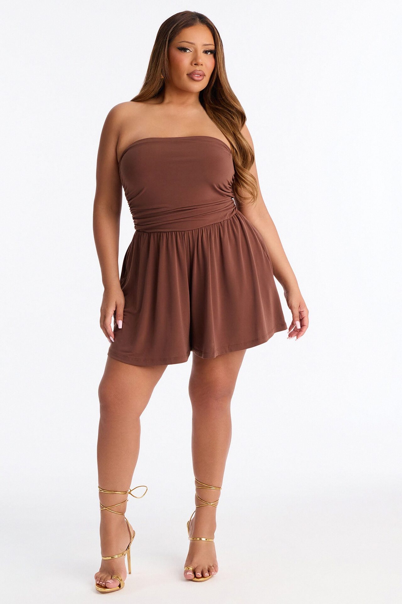 Krisha Strapless Flowy Romper - Brown