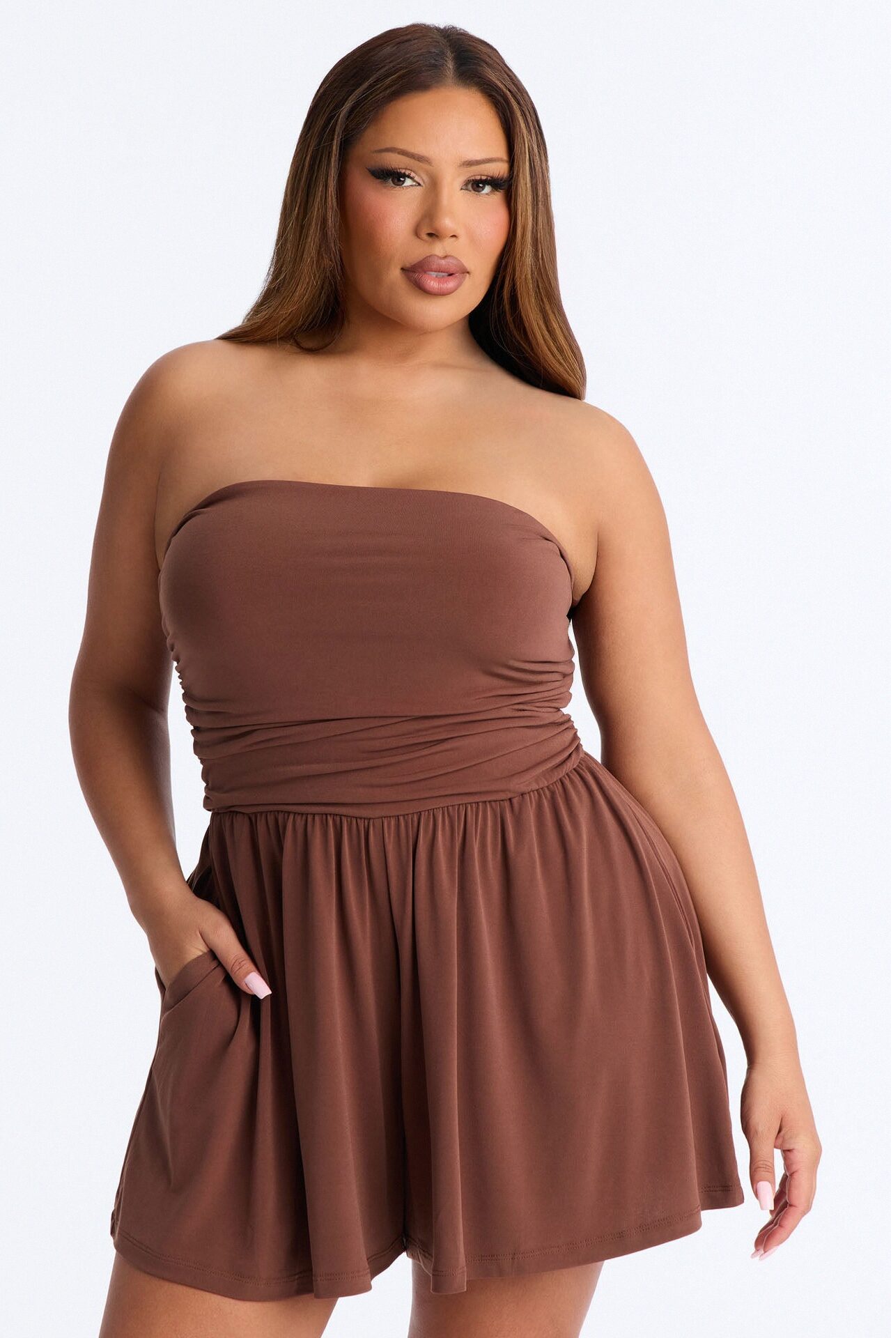 Krisha Strapless Flowy Romper - Brown