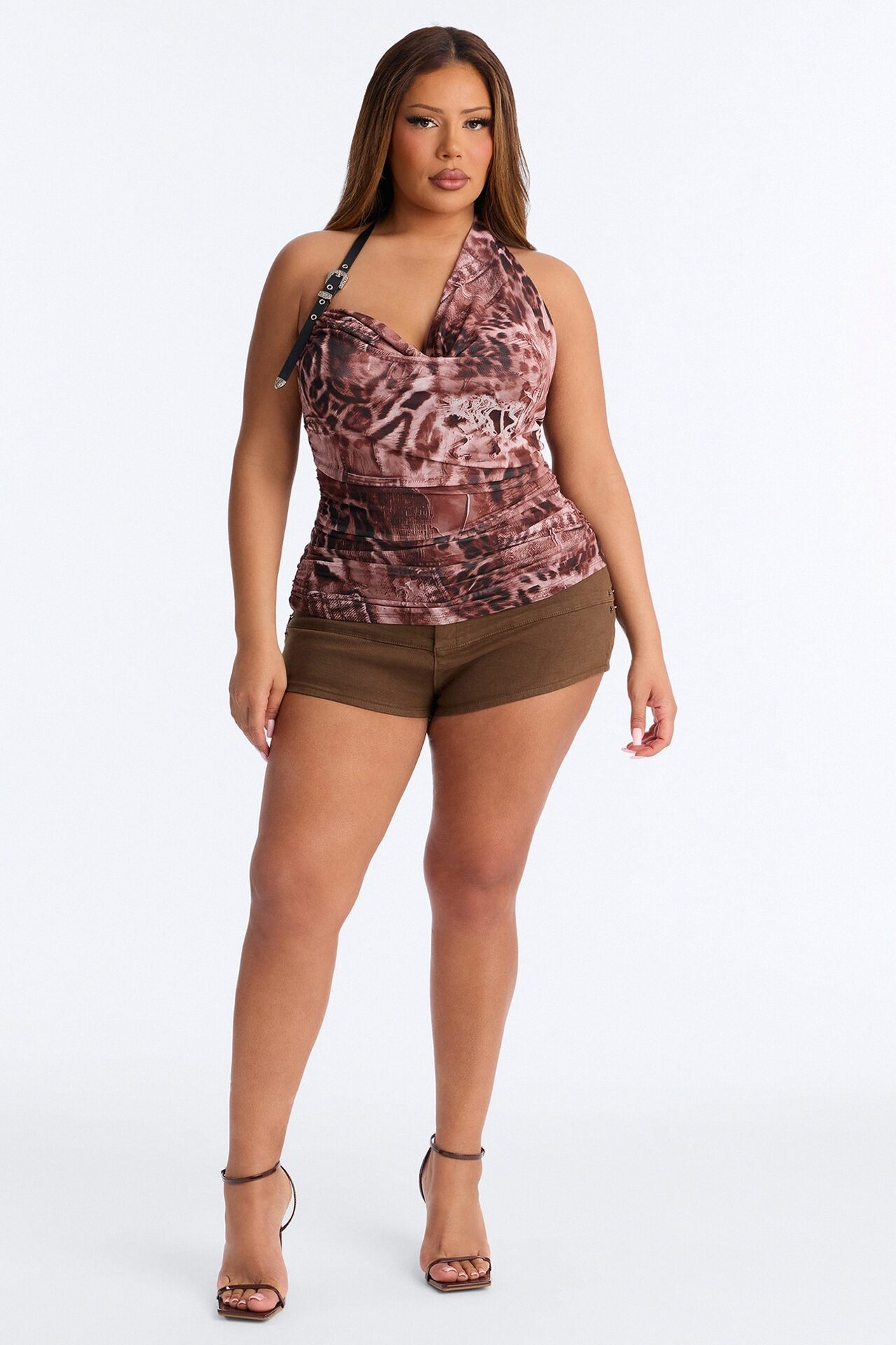 Buckle Me Up Mesh Cowl Neck Halter Top - Brown/combo