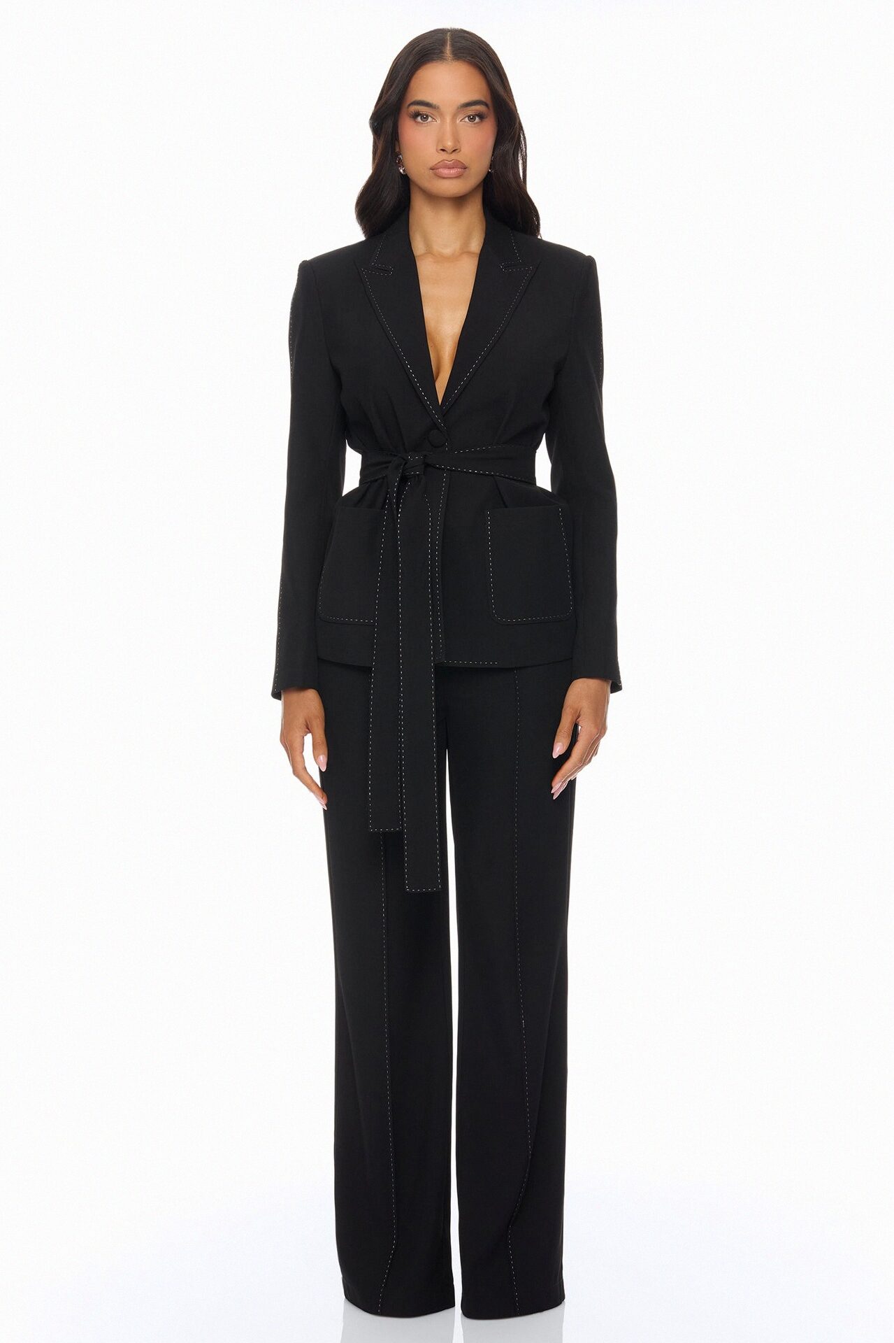 Lilian Contrast Stitch Pant Set - Black