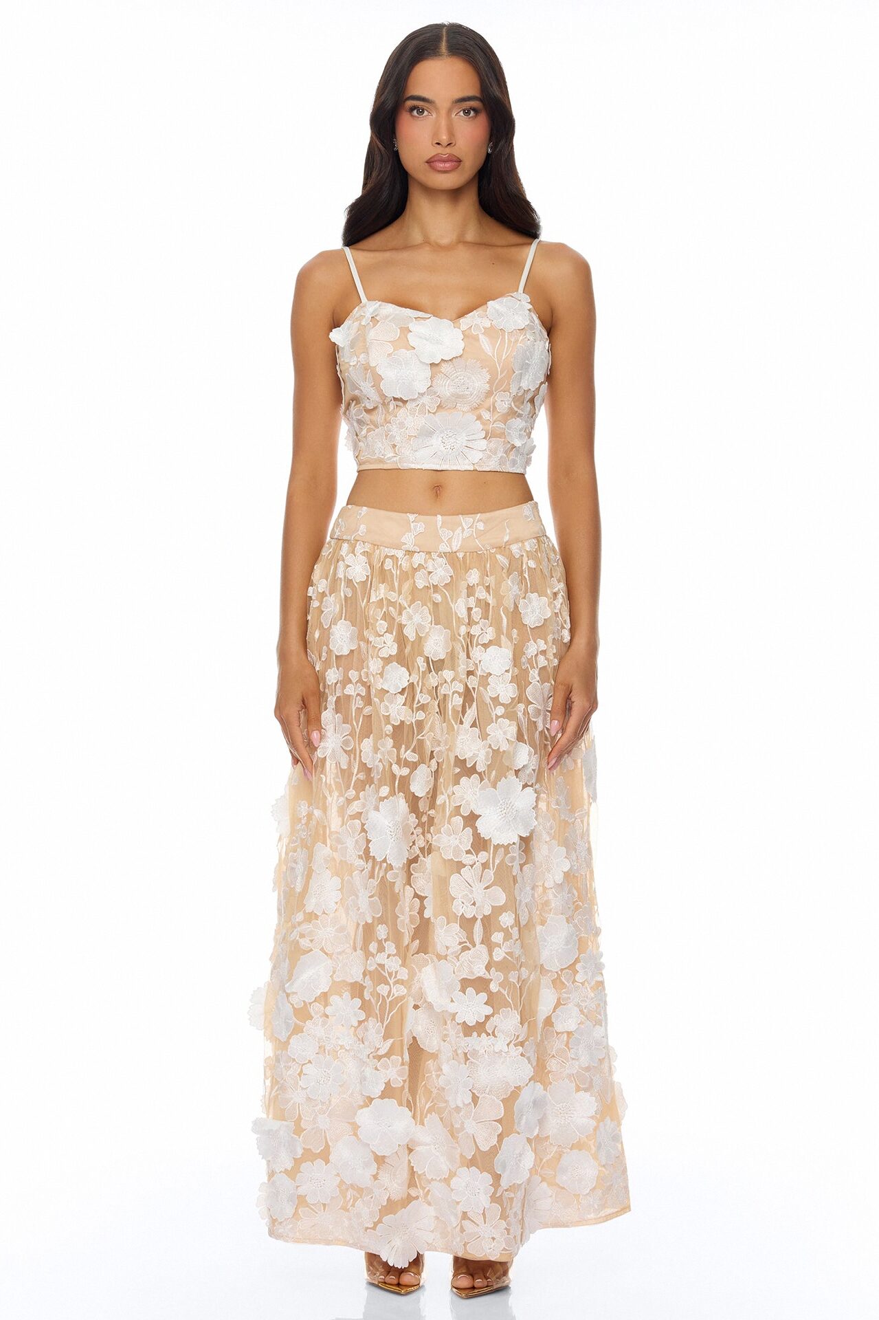 Blossom Skies Floral Embroidered Mesh Skirt Set - Cream