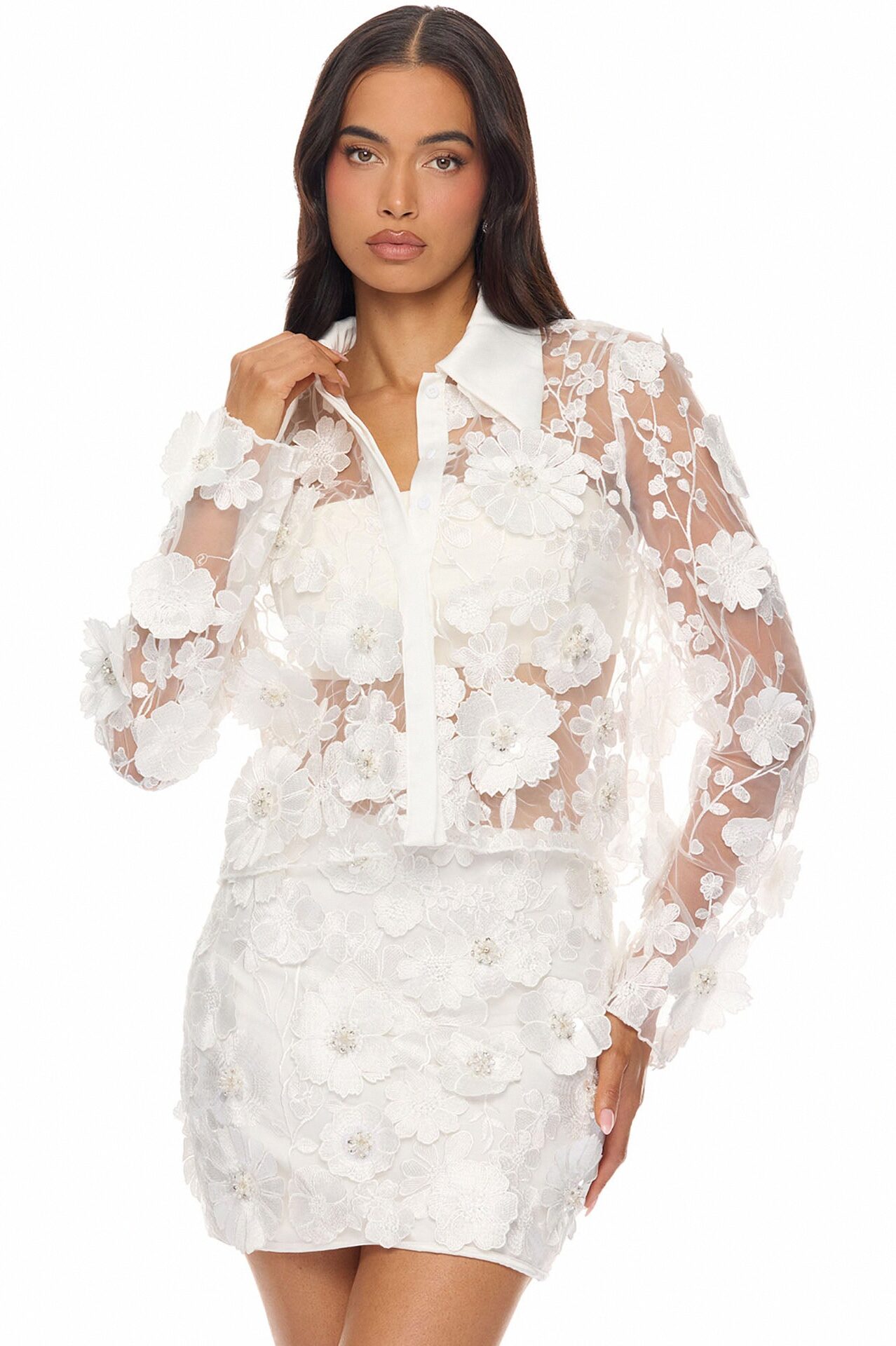Flower Fields Embroidered Skirt Set - White