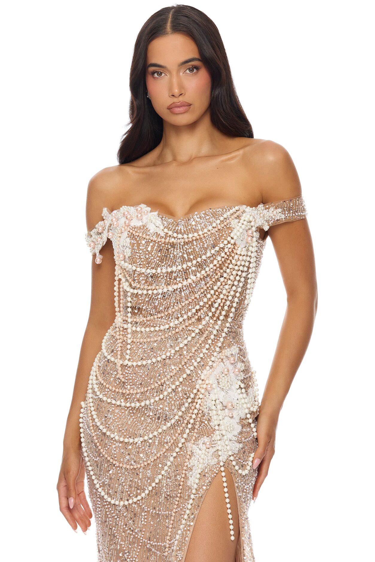 Diamonds And Pearls Embellished Gown - Nude