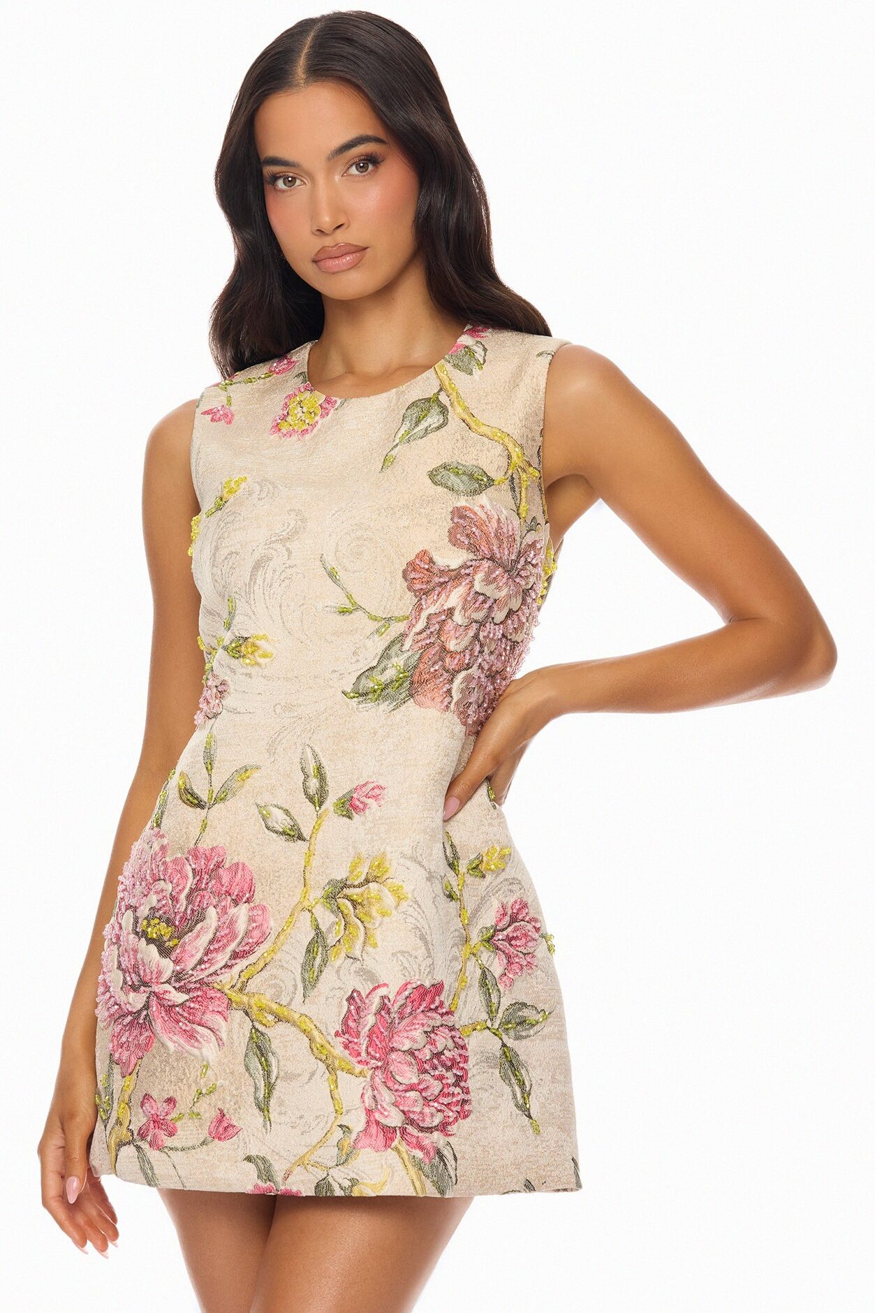Riannon Jacquard Embellished Mini Dress - Taupe