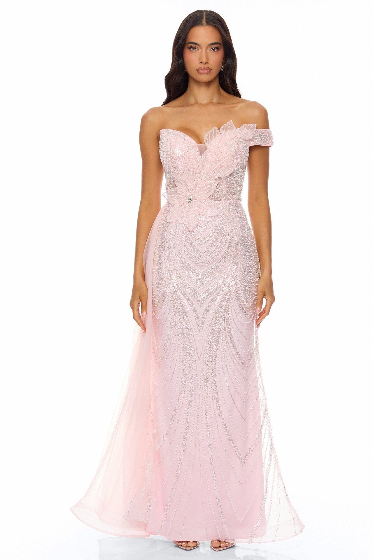 Too Glamorous Draped Embellished Gown - Light Pink