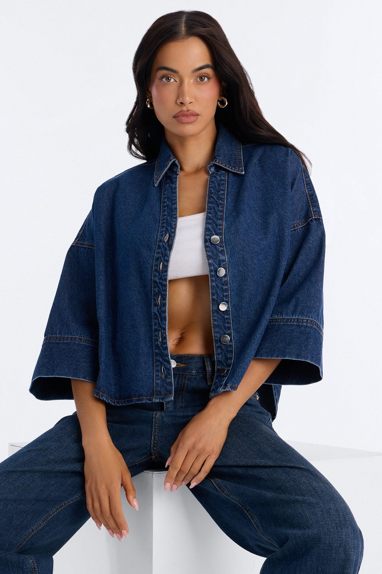 Fit Secured Oversized Denim Shirt - Dark Denim