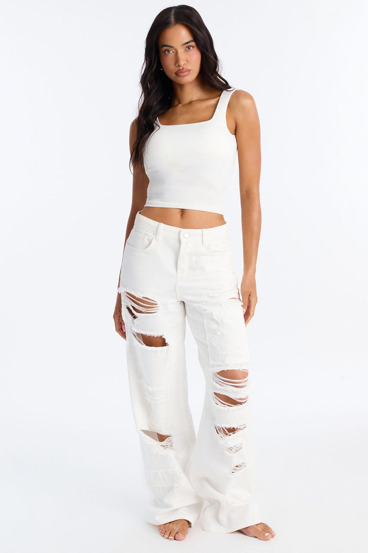 White Lies High Rise Ripped Jeans - White