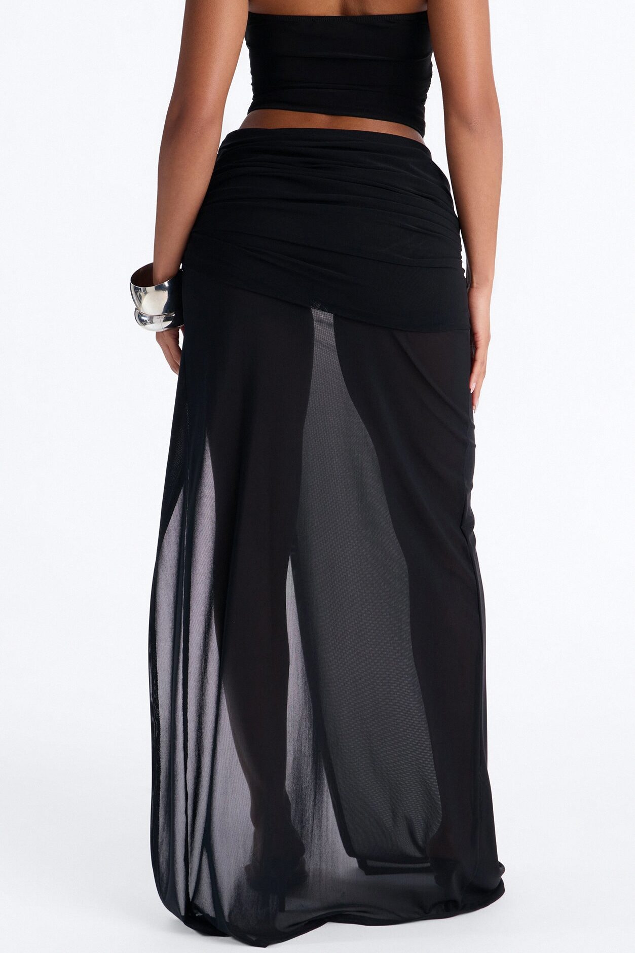 Stolen Moments Ruched Slit Mesh Maxi Skirt - Black