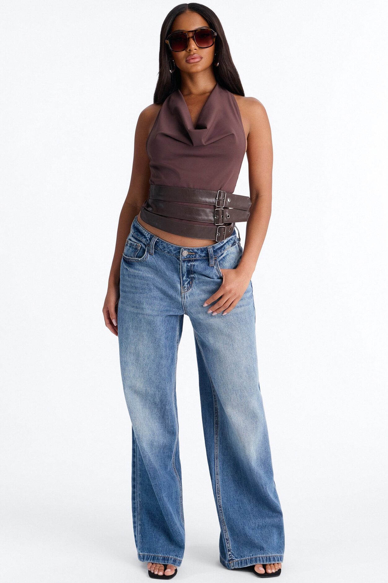 Cleo Cowl Neck Belted Halter Top - Brown