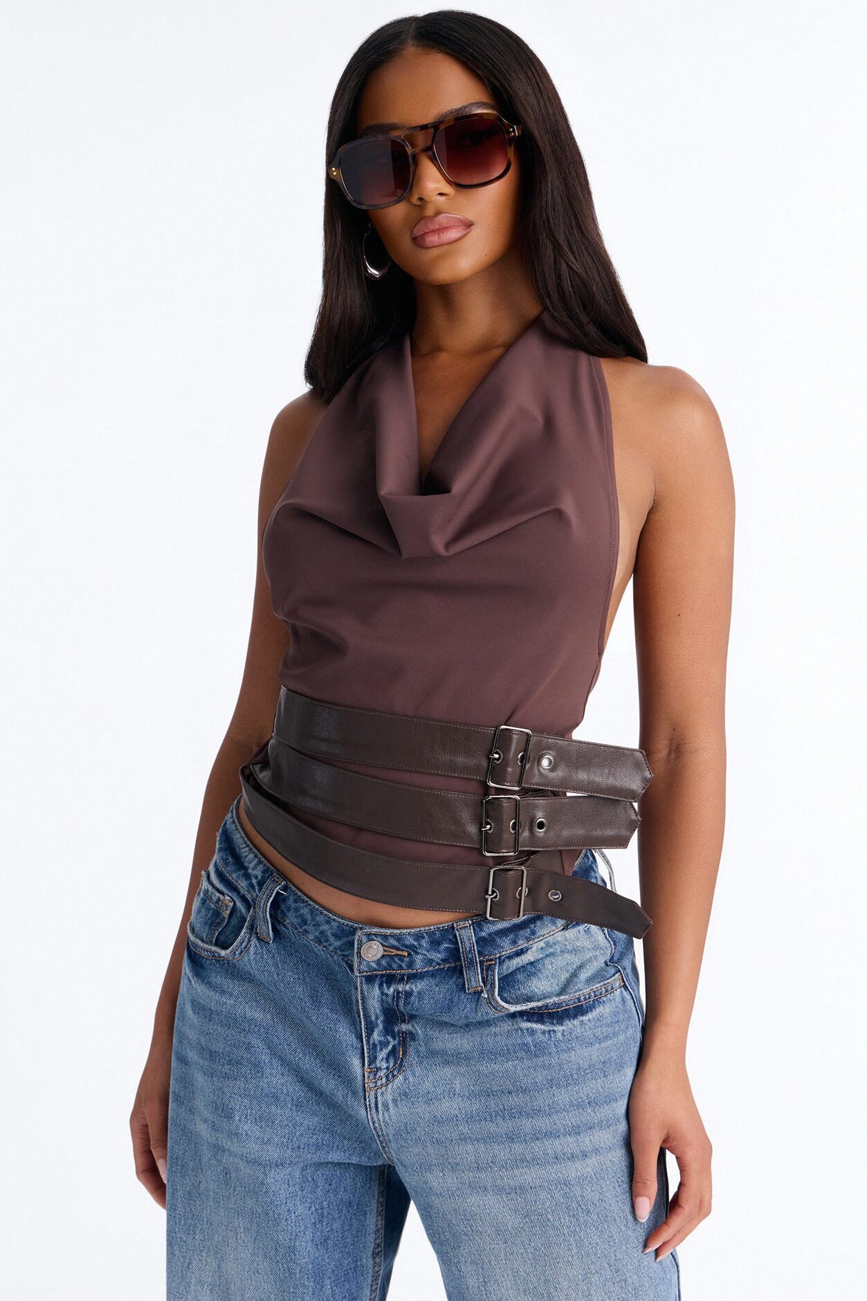 Cleo Cowl Neck Belted Halter Top - Brown