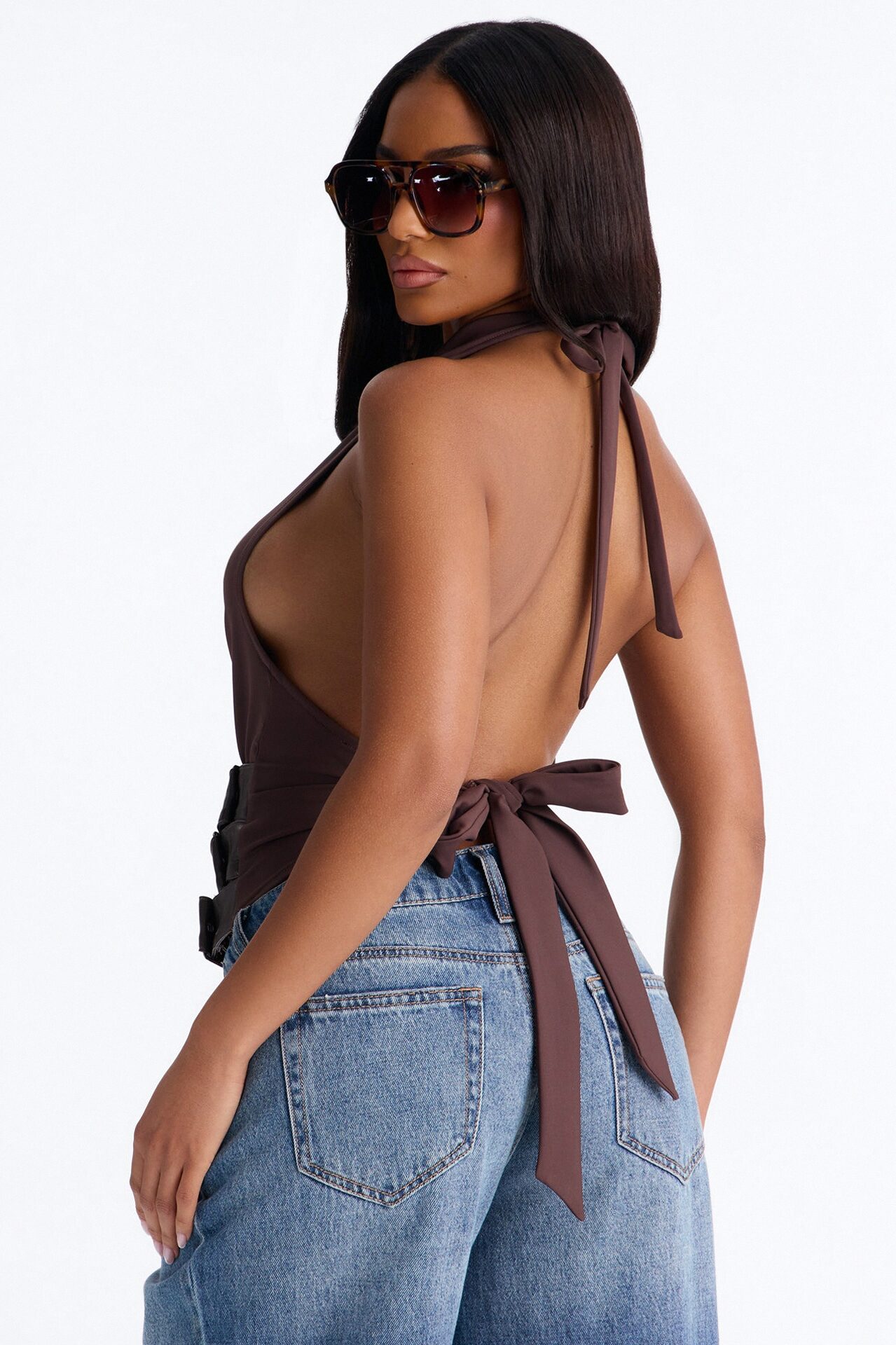 Cleo Cowl Neck Belted Halter Top - Brown
