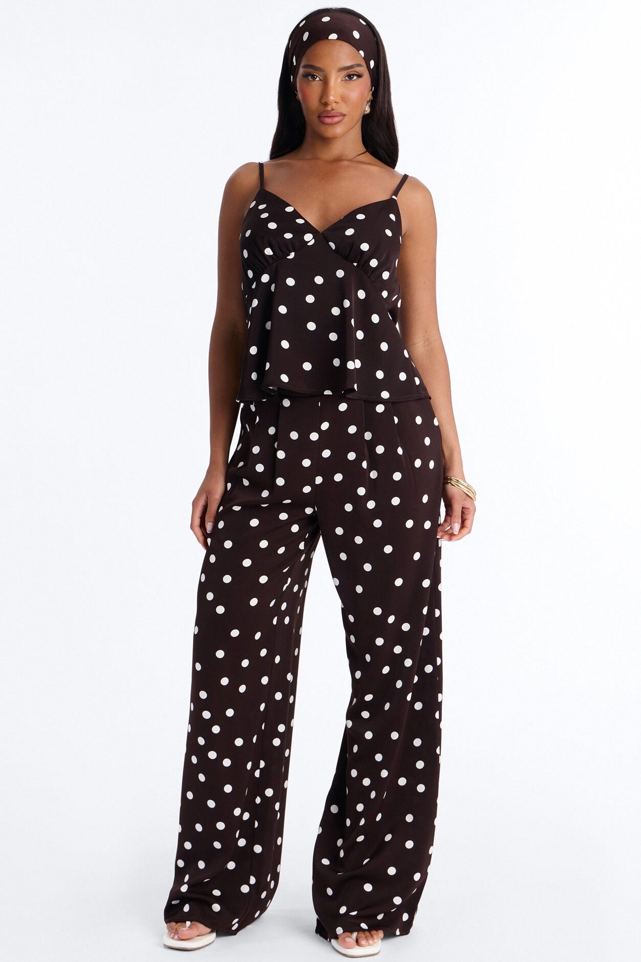 Monique Satin Polka Dot 3 Piece Pant Set - Brown Combo
