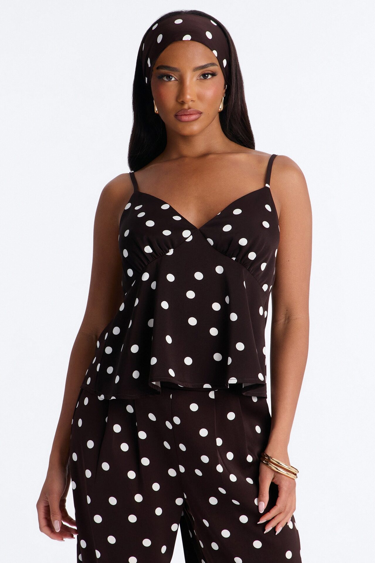 Monique Satin Polka Dot 3 Piece Pant Set - Brown Combo