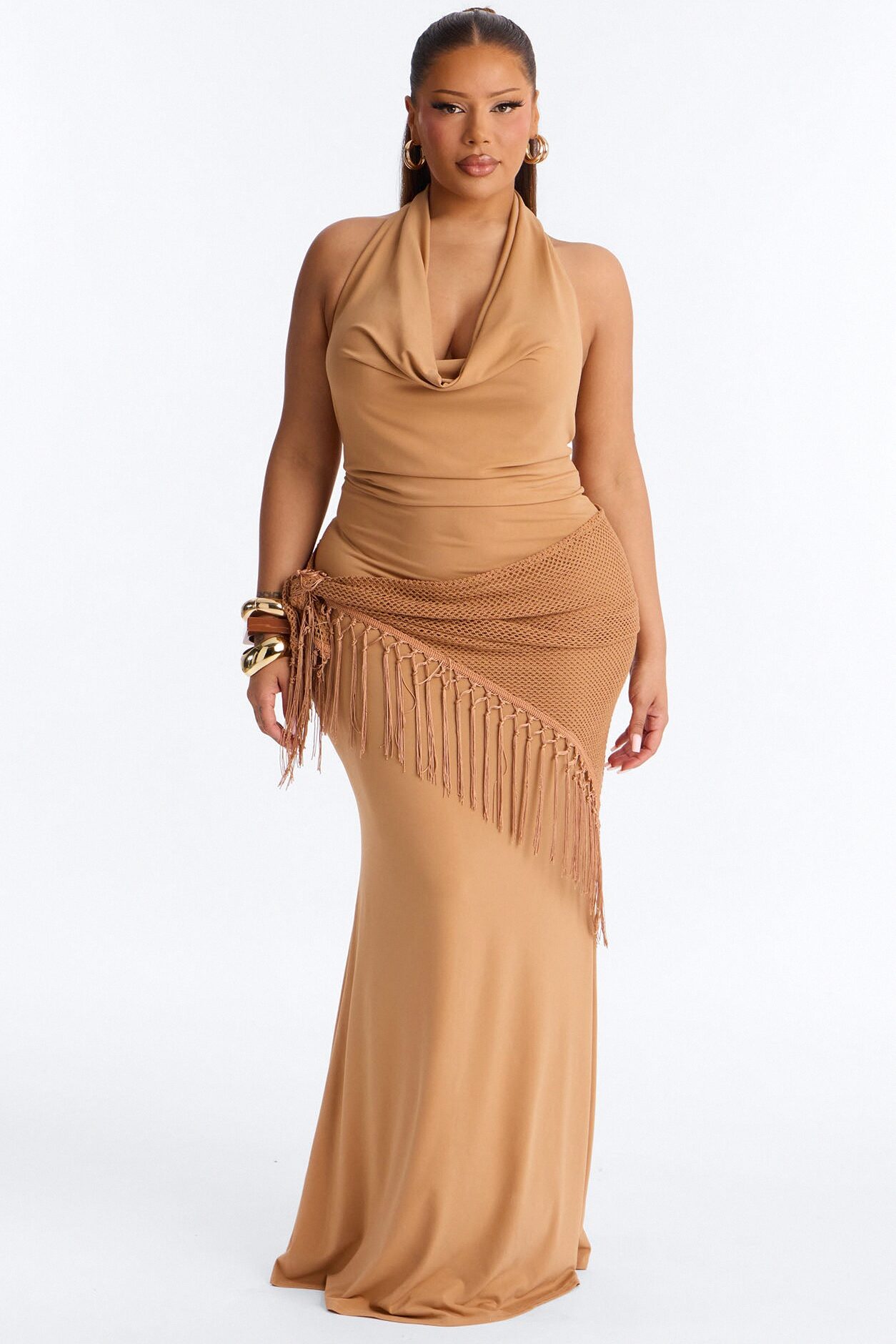 Santorini 2 Piece Fringe Scarf Maxi Dress - Camel