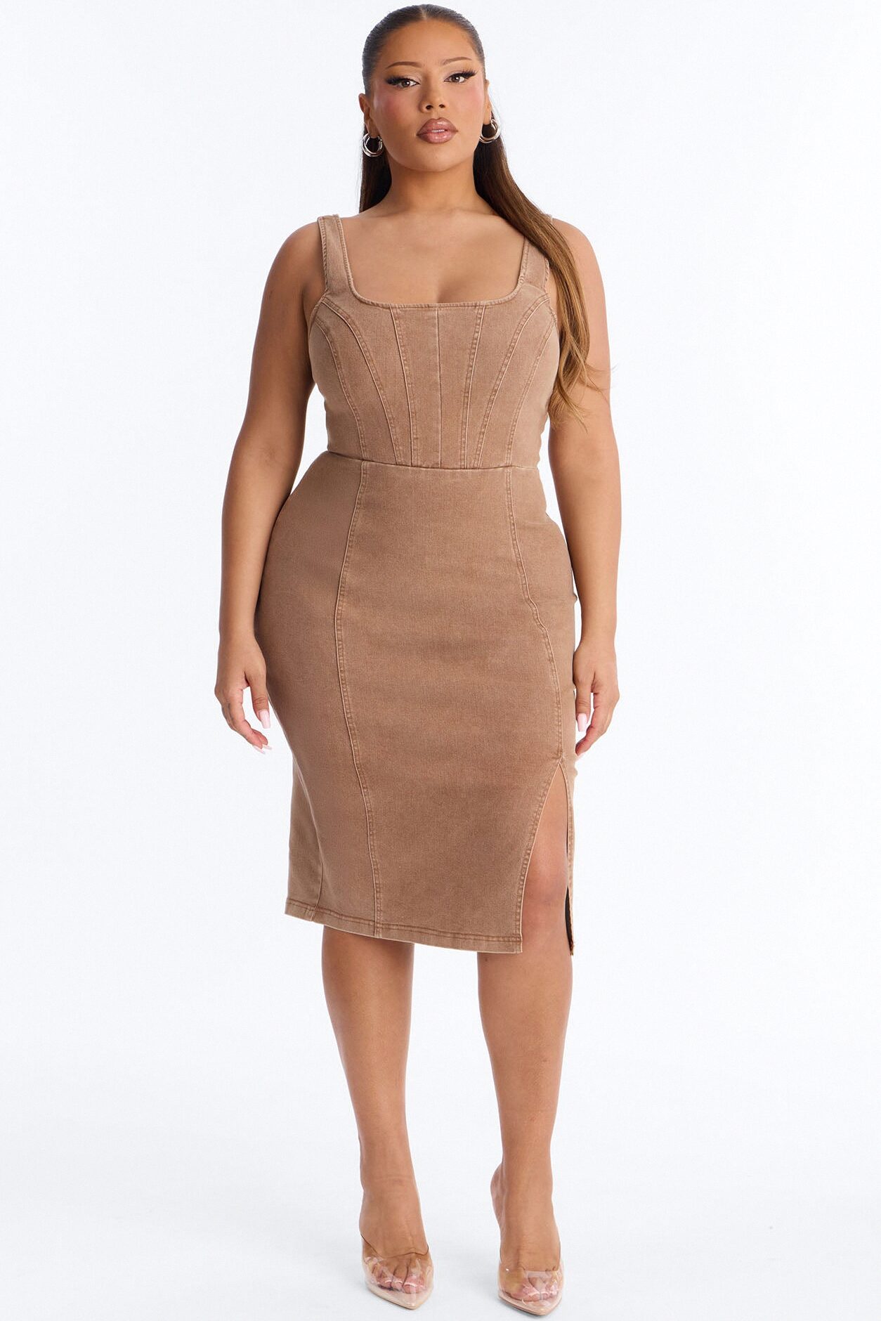 Avery Stretch Denim Midi Dress - Brown