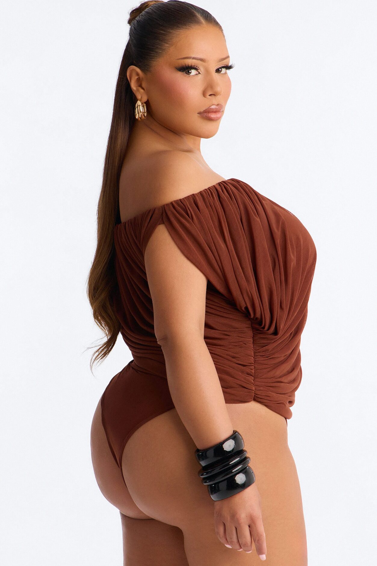 Steff Ruched Off Shoulder Mesh Bodysuit - Brown