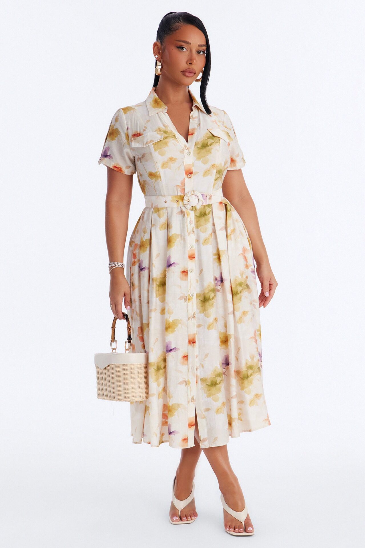 April Belted Floral Midi Dress - White/combo