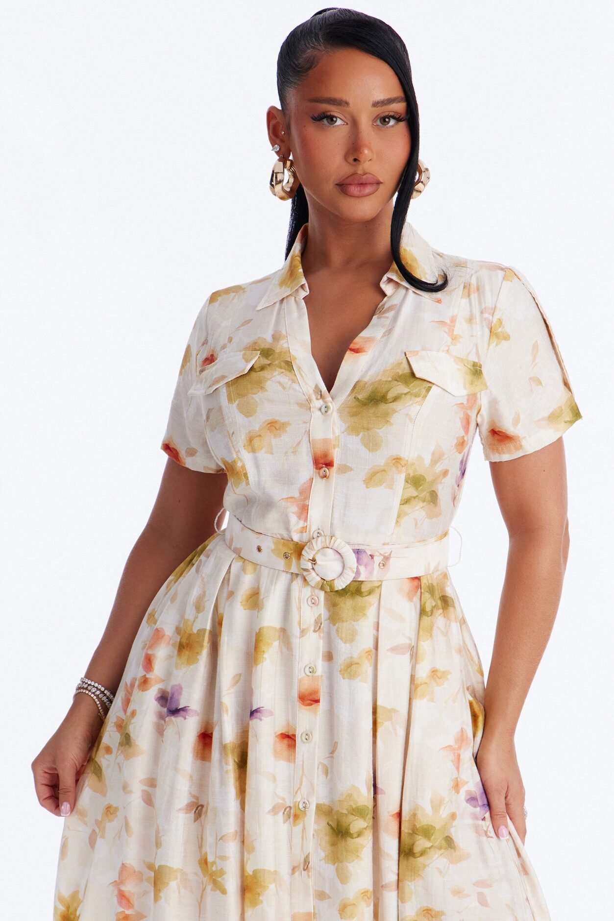 April Belted Floral Midi Dress - White/combo