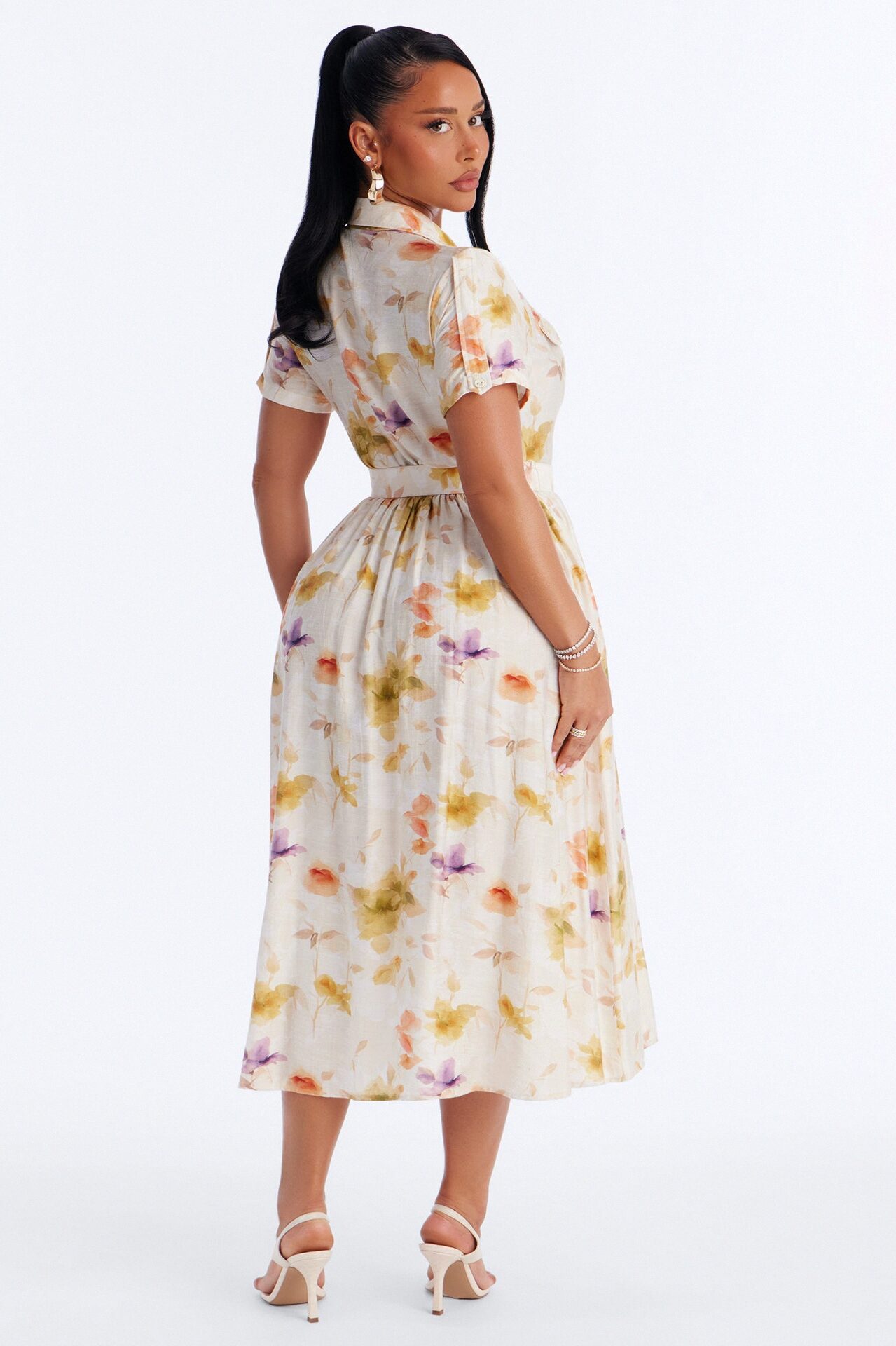 April Belted Floral Midi Dress - White/combo