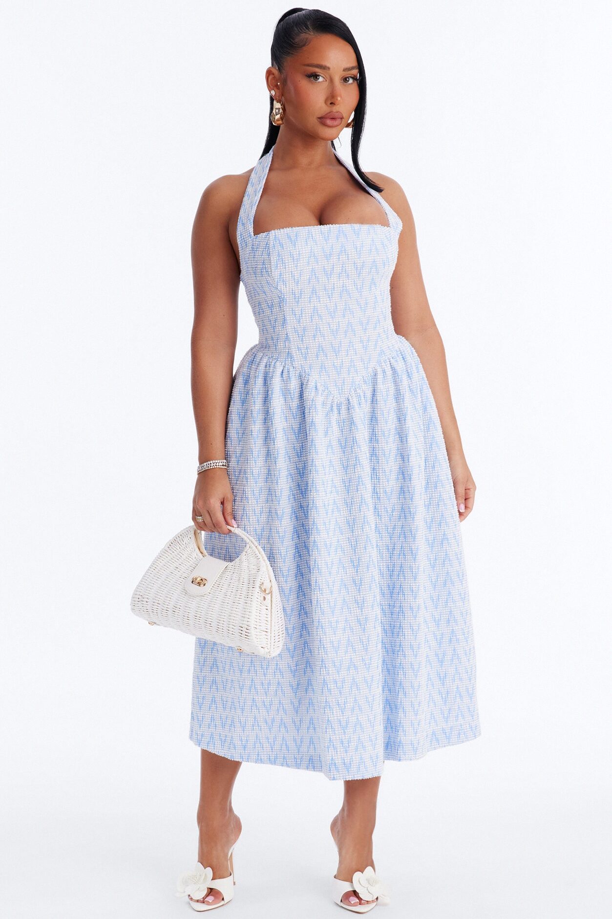Fia Halter Tweed Midi Dress - Blue