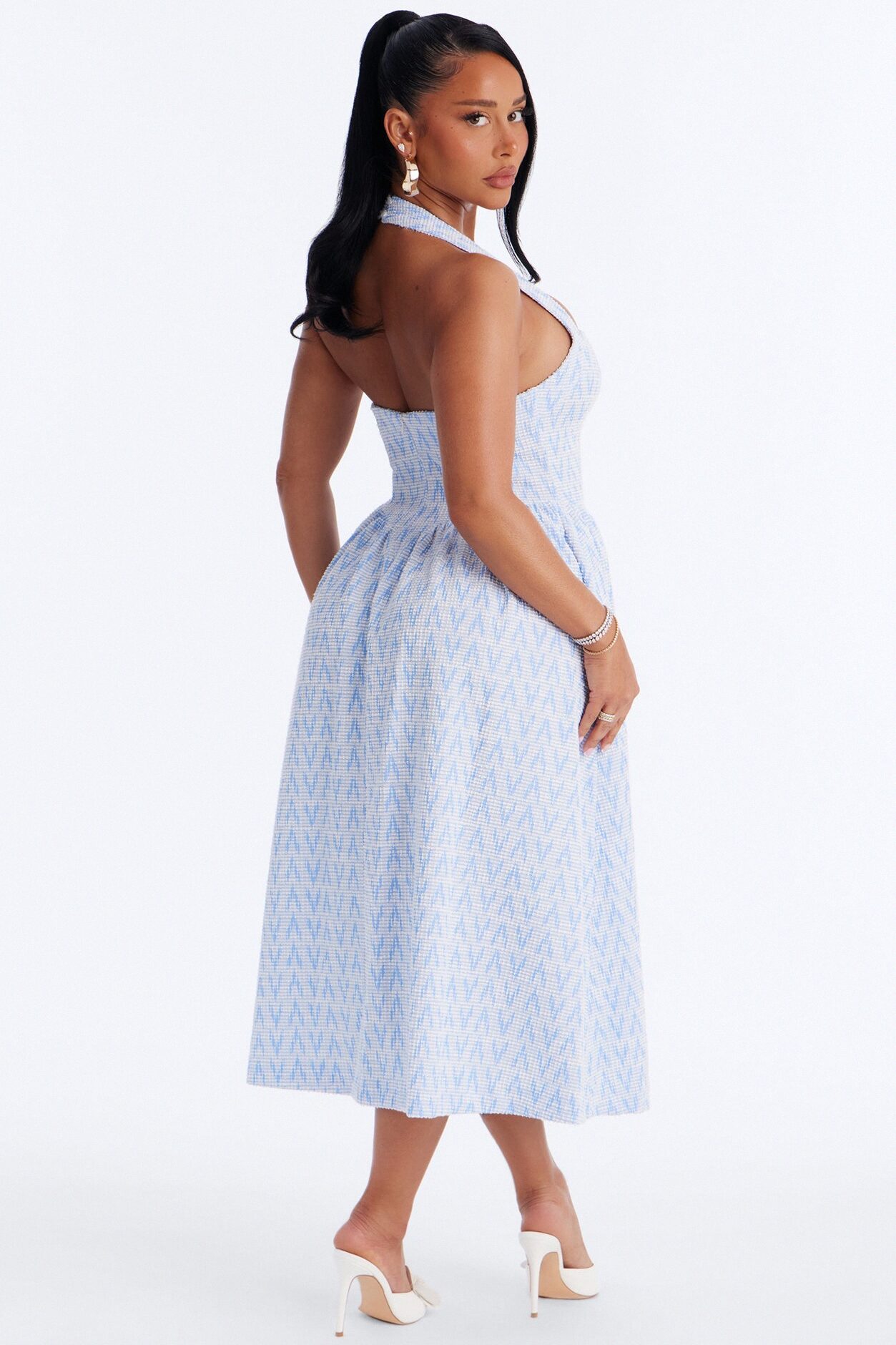 Fia Halter Tweed Midi Dress - Blue