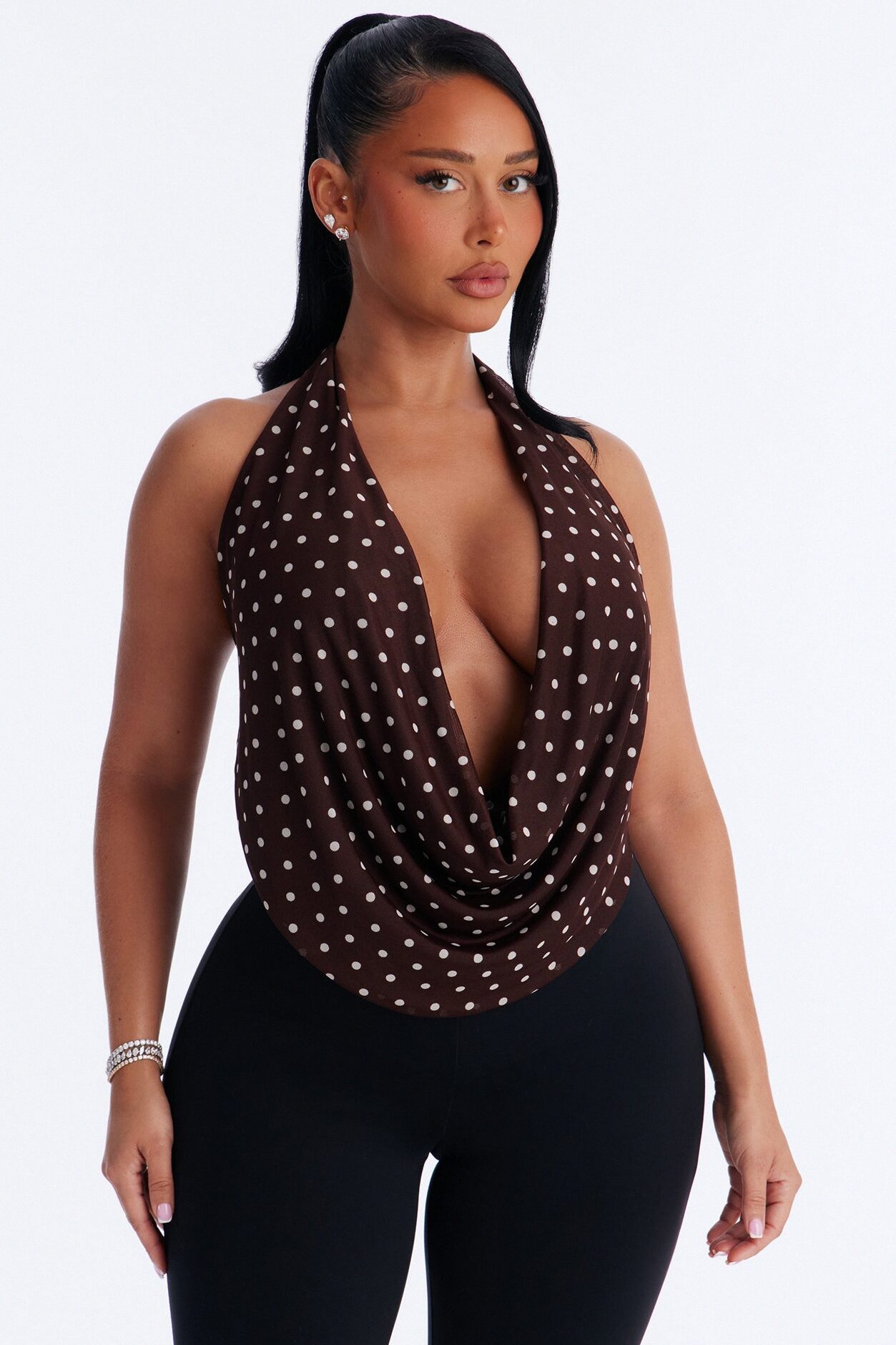 Melody Mesh Polka Dot Halter Top - Brown/combo
