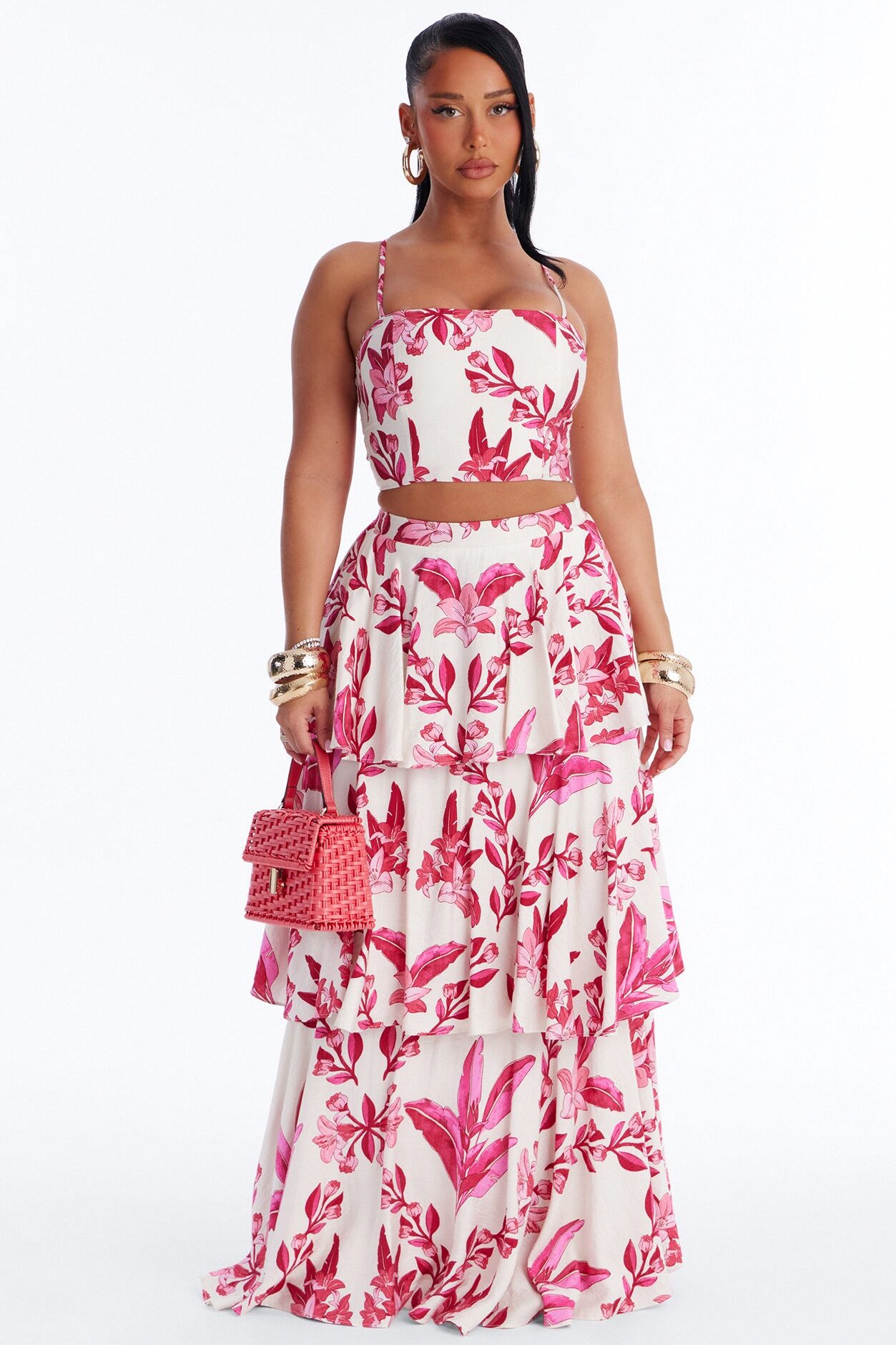 Bellarosa Linen Floral Layered Maxi Skirt Set - Fuchsia