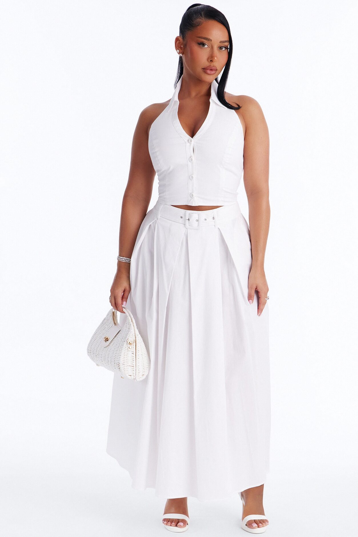 Lana Poplin Halter Maxi Skirt Set - White