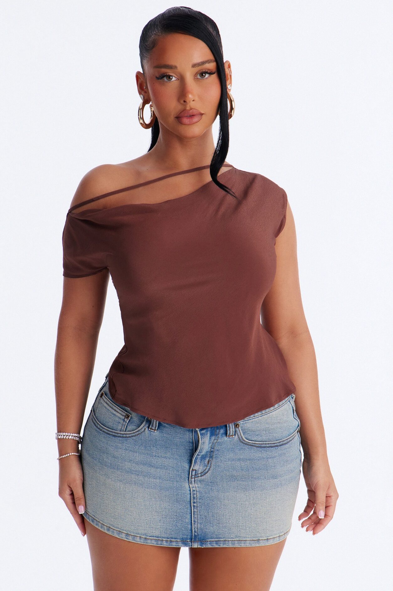 One More Drink One Shoulder Satin Blouse - Chocolate