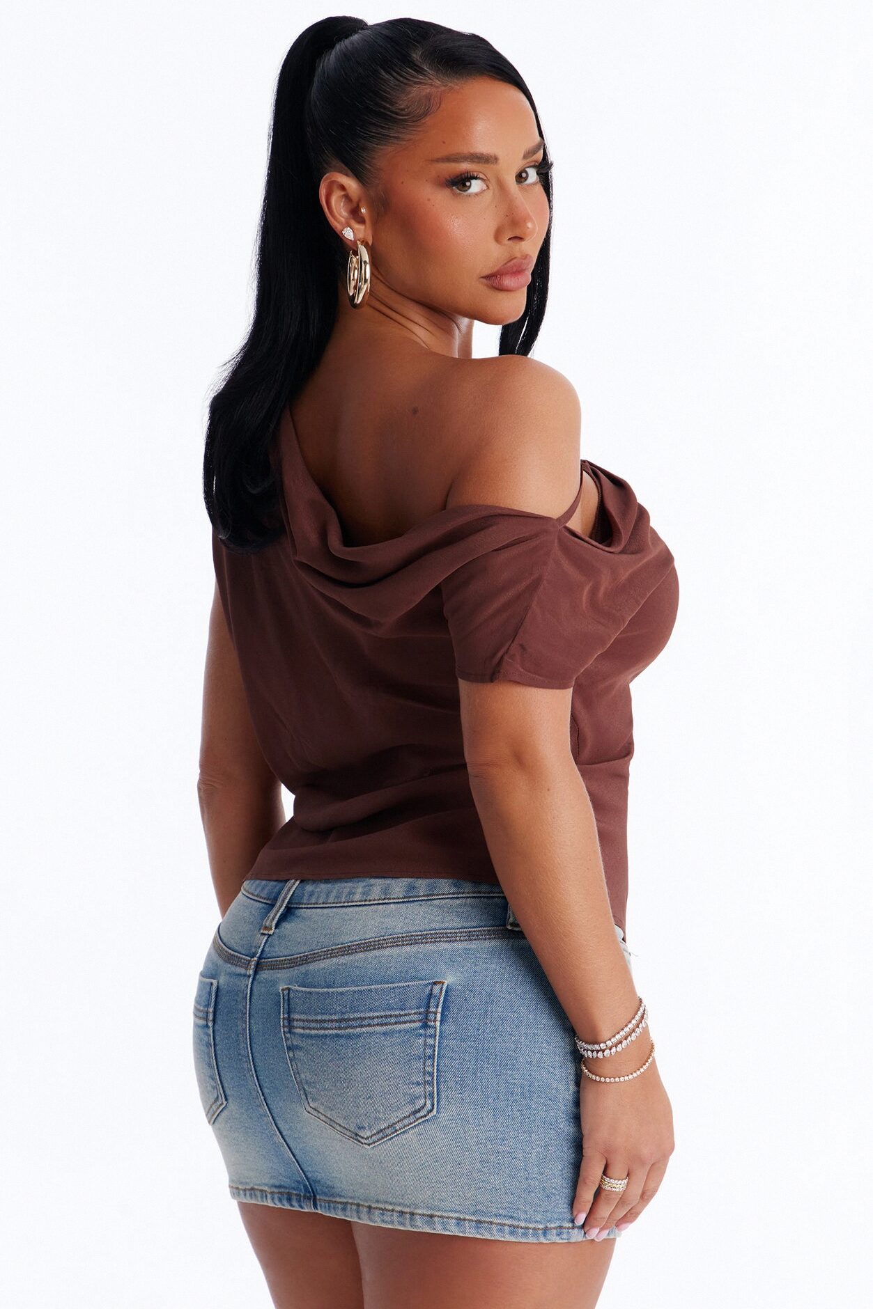 One More Drink One Shoulder Satin Blouse - Chocolate