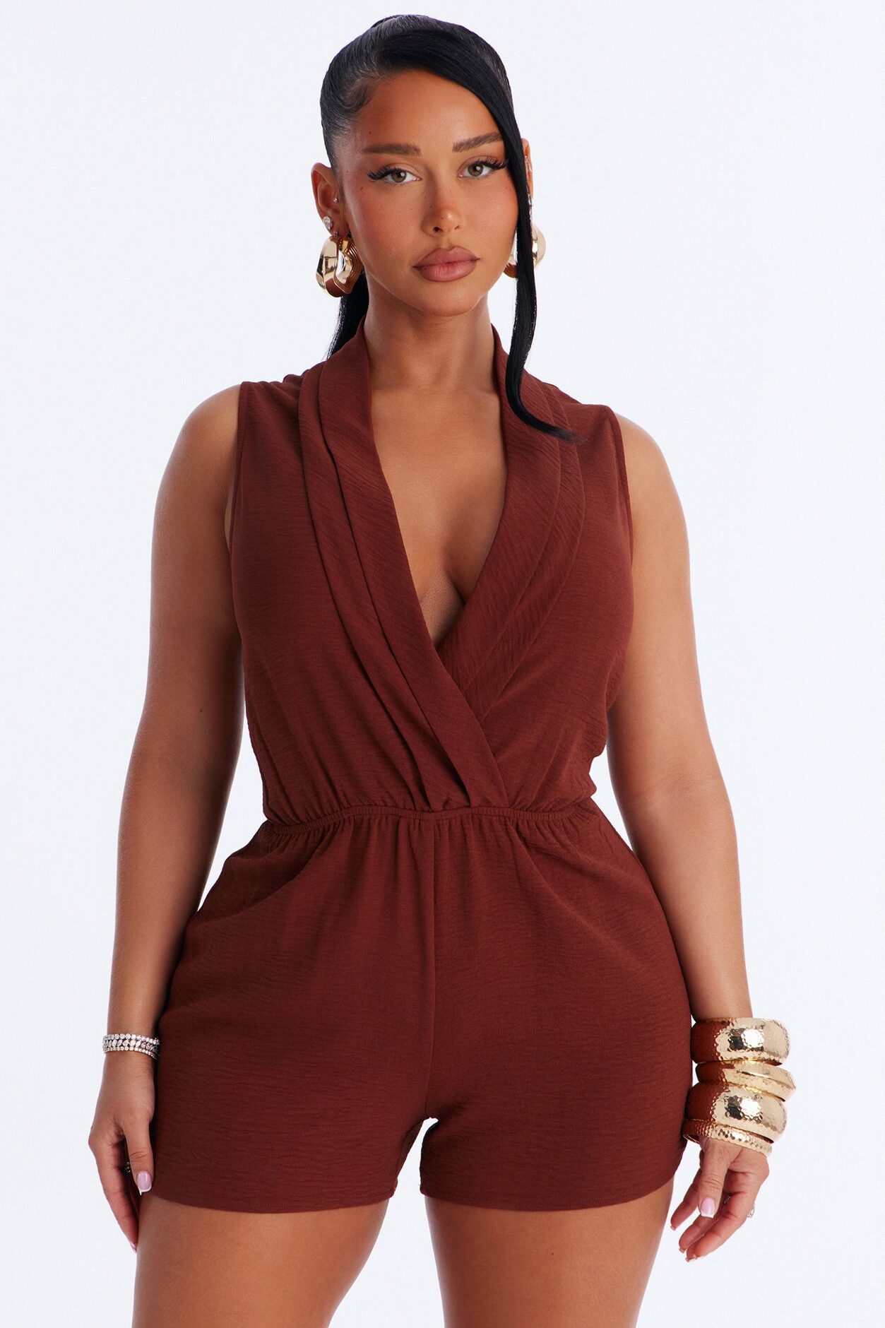 Belia Surplice Romper - Chocolate