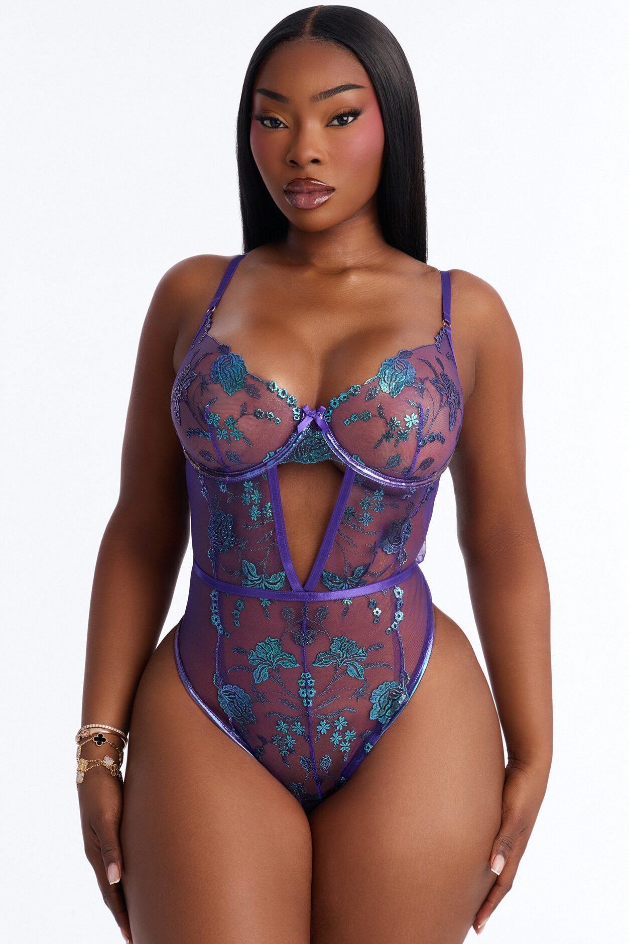 Missy Embroidered Sheer Underwire Teddy - Violet